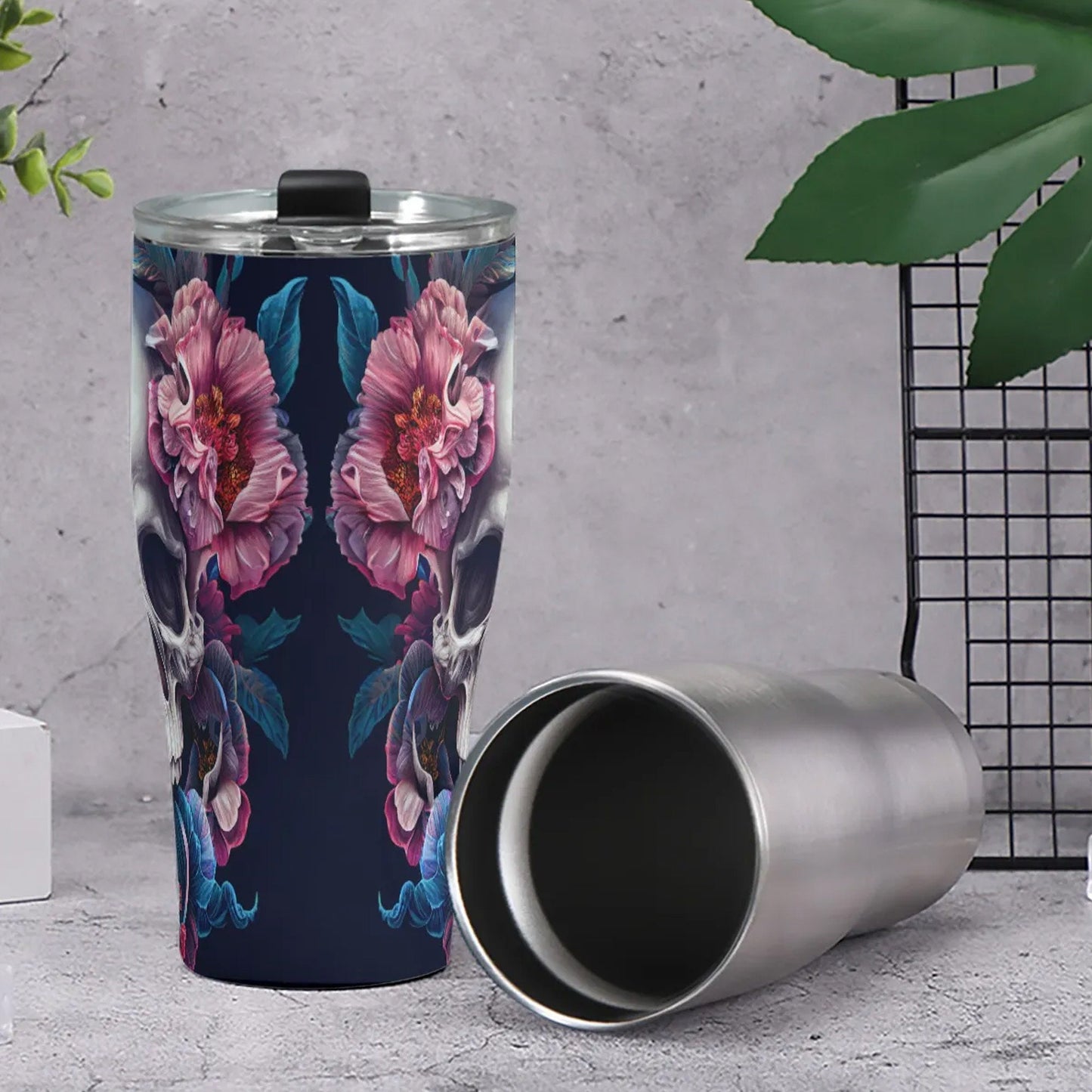 Flower skull travel mug, flower skull coffee mug, goth travel mug, skull beer mug, biker skull freezer Mug, halloween freezer Mug, christmas