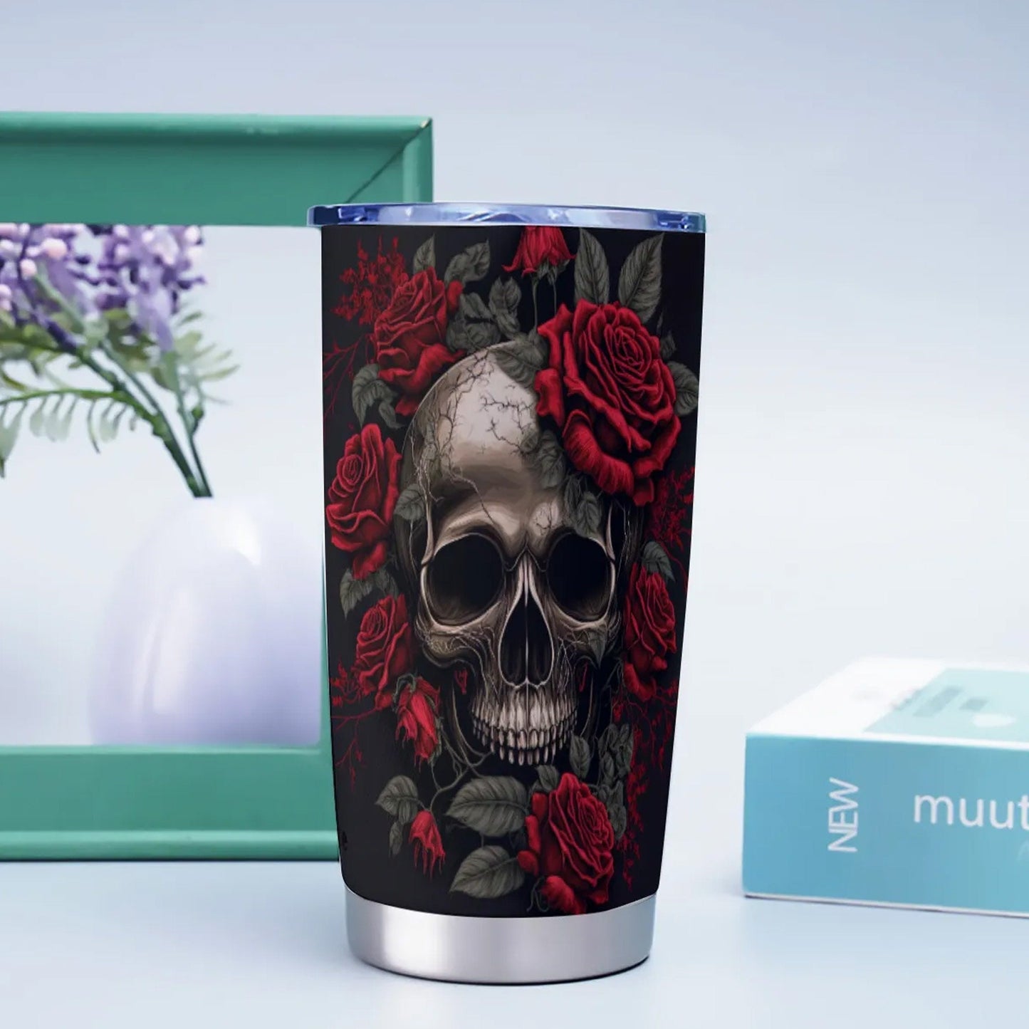 Rose skull tumbler cup mug, flower skull tumblr, horror tumbler, christmas skull coffee mug, gothic skull tumblr, biker skull cup, flame cup