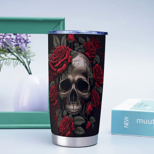 Rose skull tumbler cup mug, flower skull tumblr, horror tumbler, christmas skull coffee mug, gothic skull tumblr, biker skull cup, flame cup