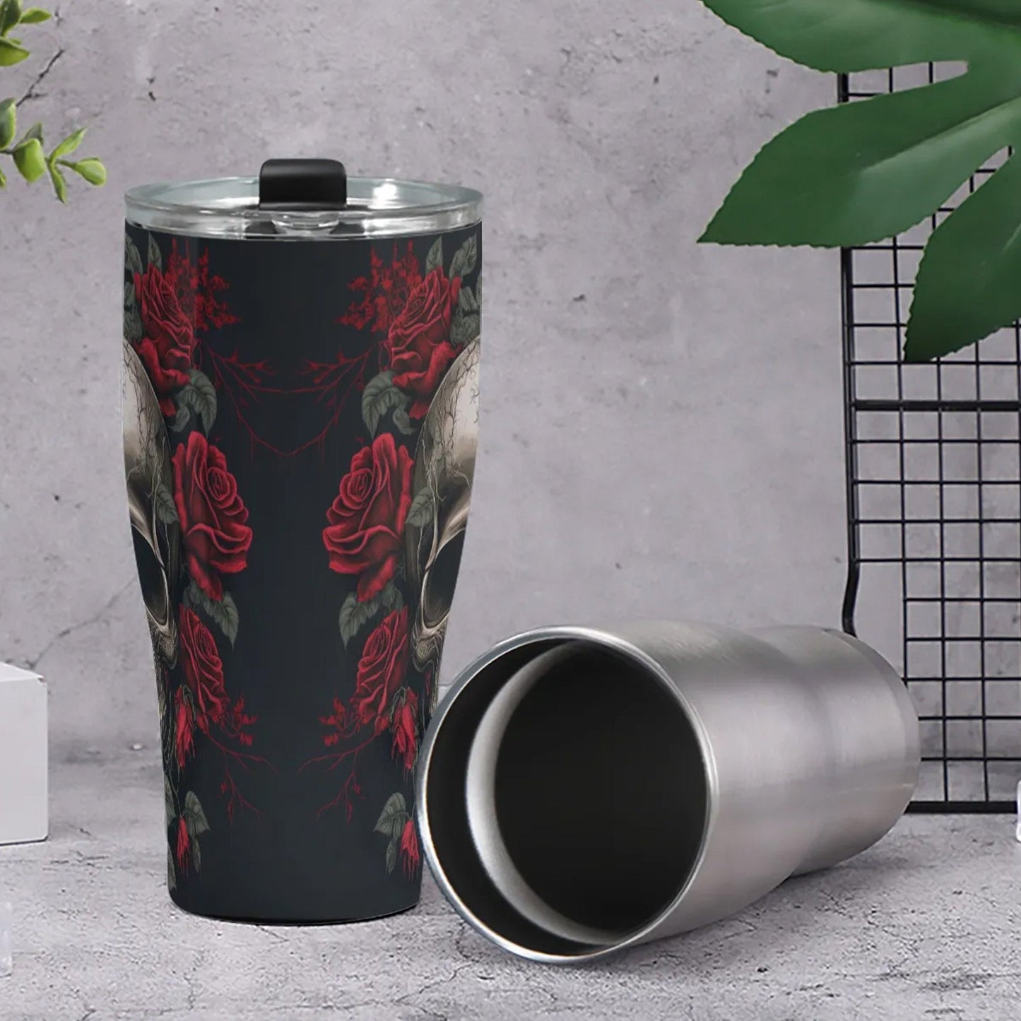 Rose skull tumbler cup mug, flower skull tumblr, horror tumbler, christmas skull coffee mug, gothic skull tumblr, biker skull cup, flame cup