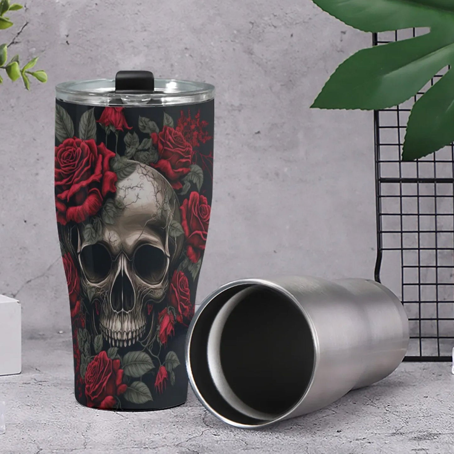 Rose skull tumbler cup mug, flower skull tumblr, horror tumbler, christmas skull coffee mug, gothic skull tumblr, biker skull cup, flame cup