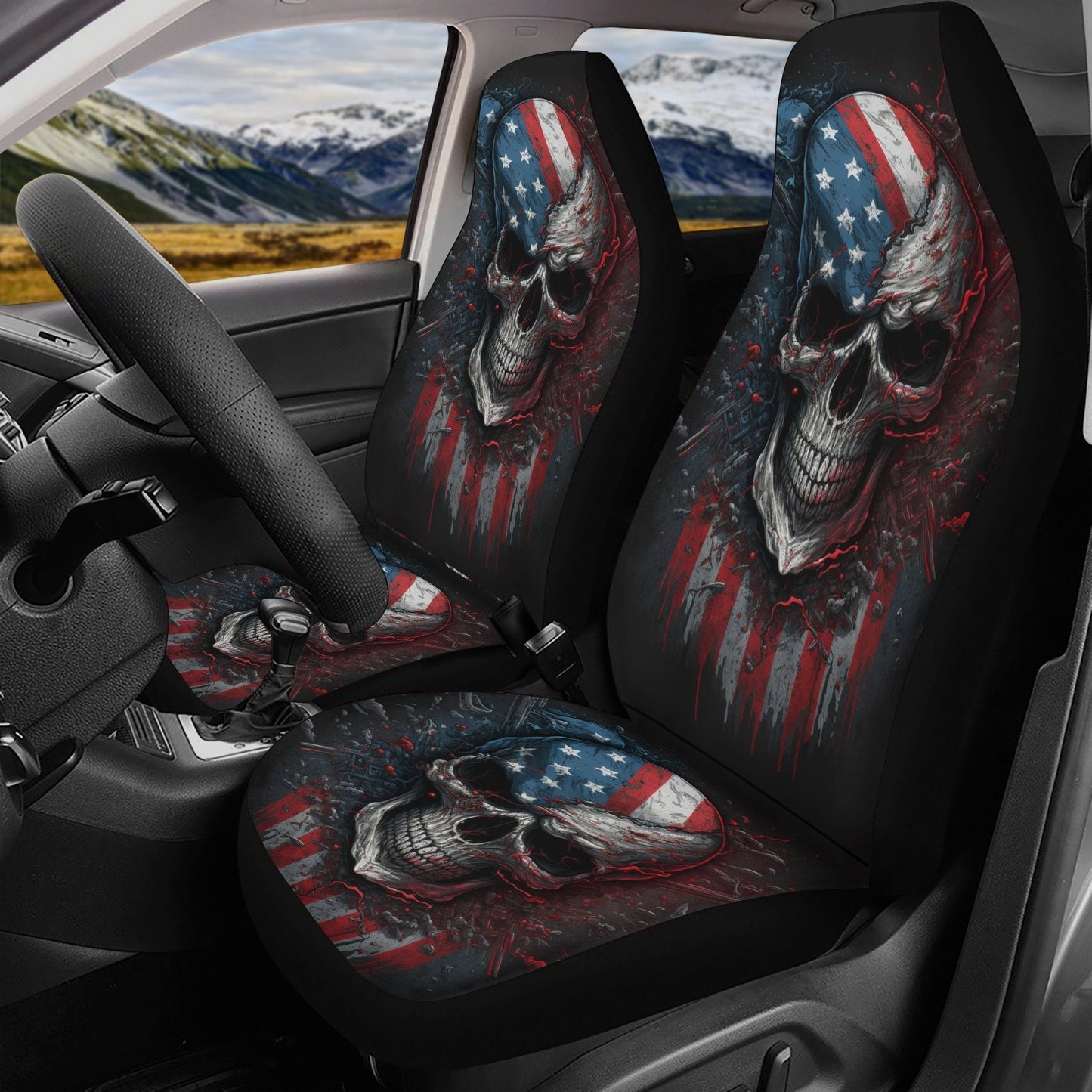 Flag skull cover cushion accessories for Cars, halloween rug mat for car evil car seat cushion covers, horror car mats skull car mats set