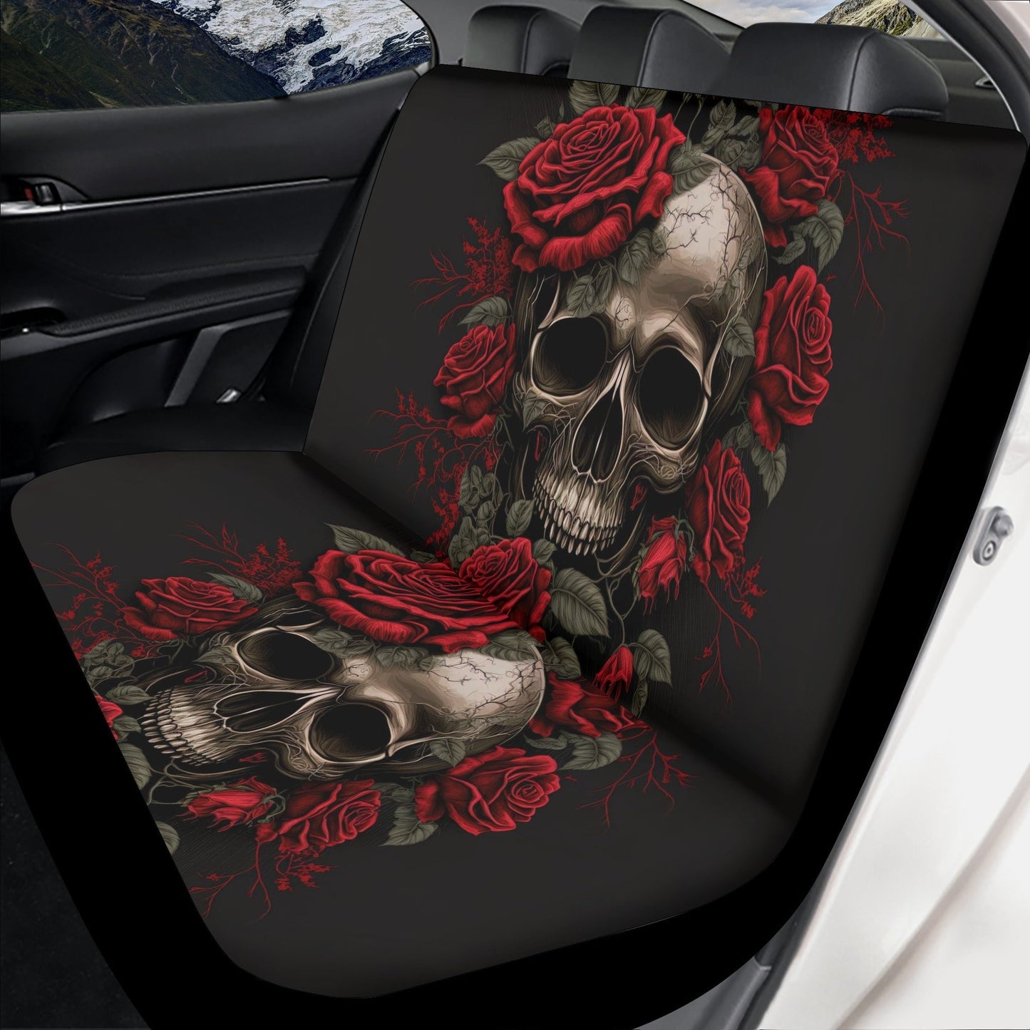 Rose skull rug for car, skull in fire front and back car seat covers, death skull car mat, skull seat cover protector, skull car seat covers