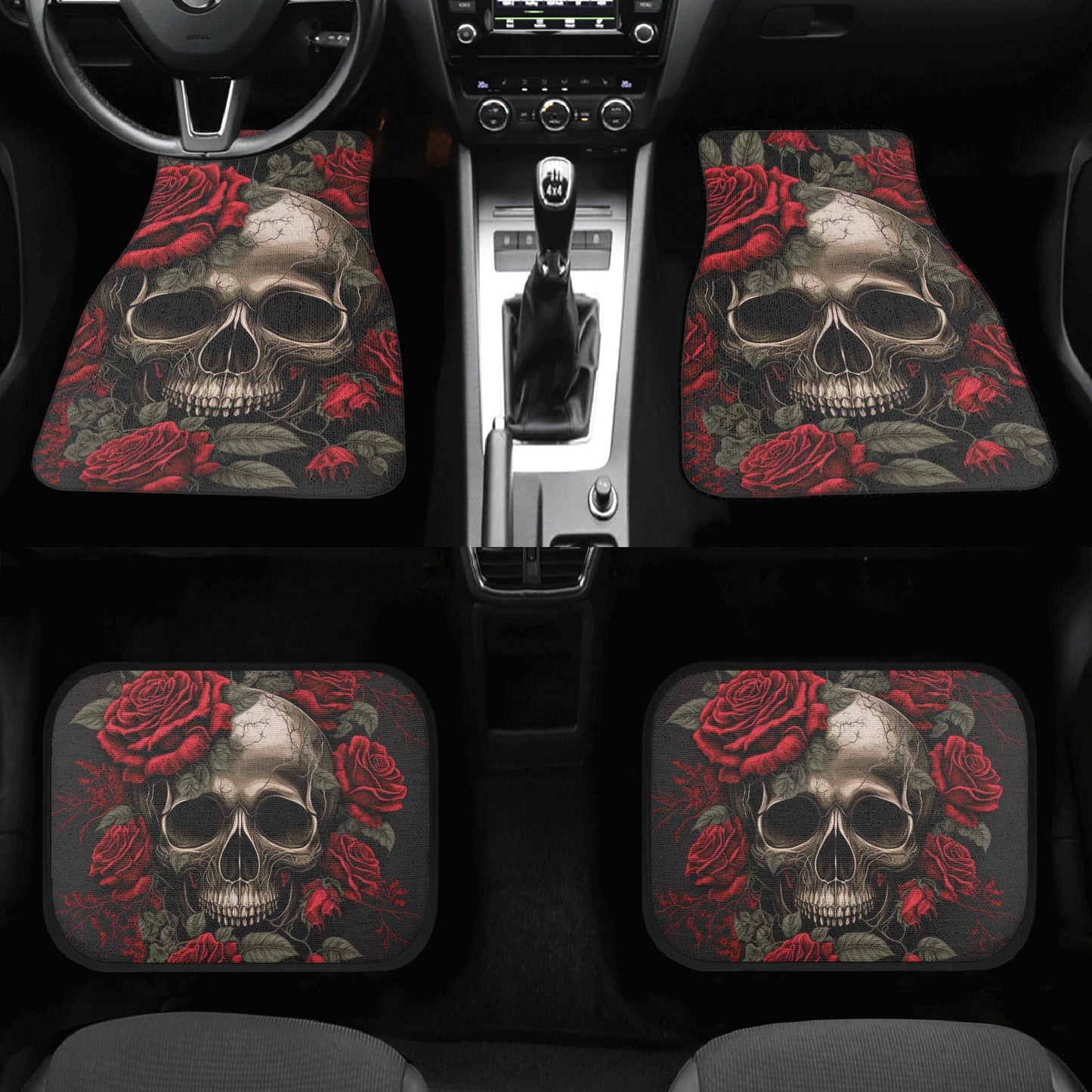 Rose skull rug for car, skull in fire front and back car seat covers, death skull car mat, skull seat cover protector, skull car seat covers
