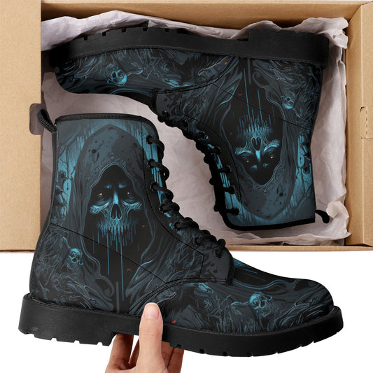 Gothic skull men women shoes, flame skull boots for men women, flame skull waterproof Lace Up Anti-Slip platform nooties, reaper skull boots