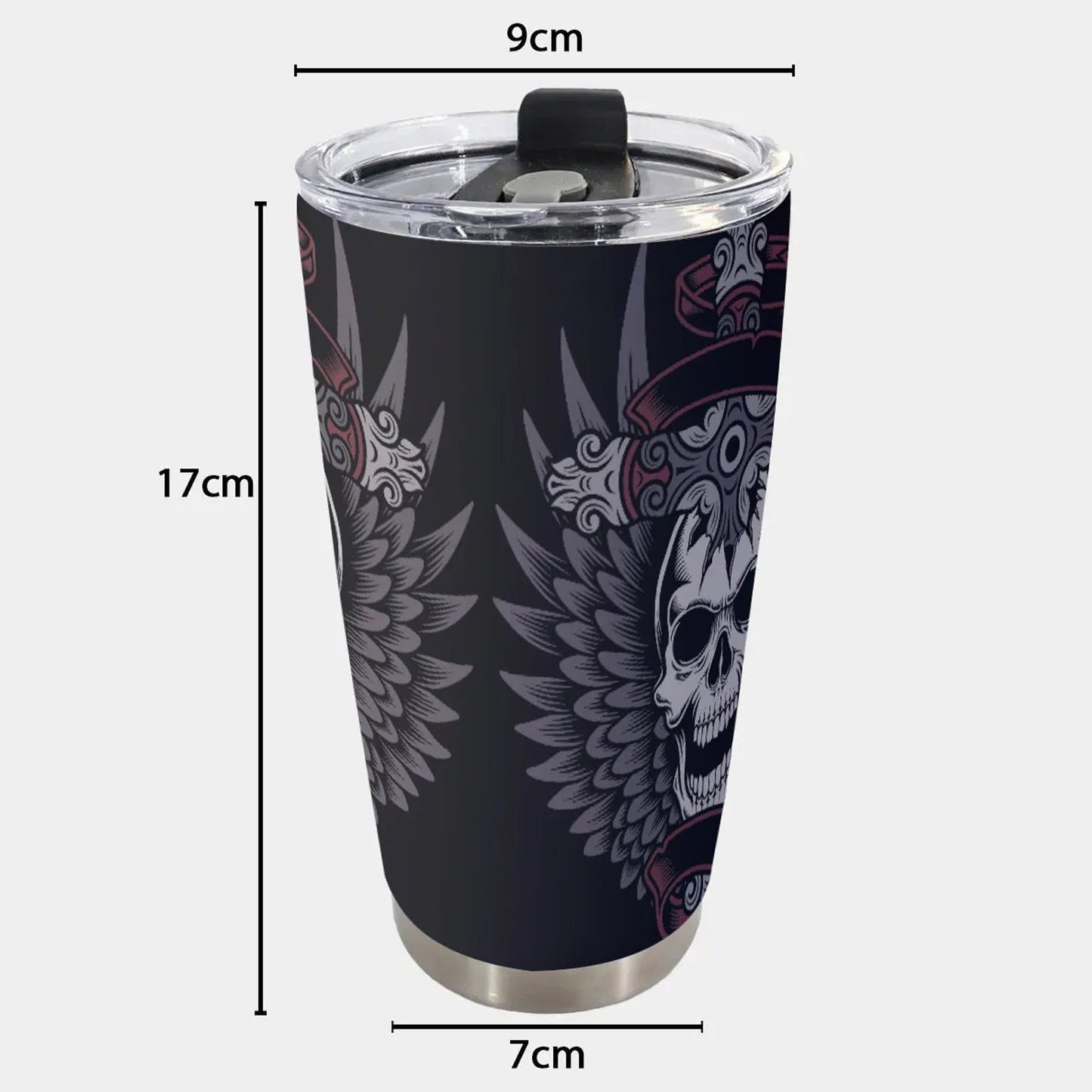 Wings skull travel mug, skull beer mug, motorcycle skull tumbler cup mug, goth jumbo Mug, skull reaper freezer Mug, skull in fire tumblr mug