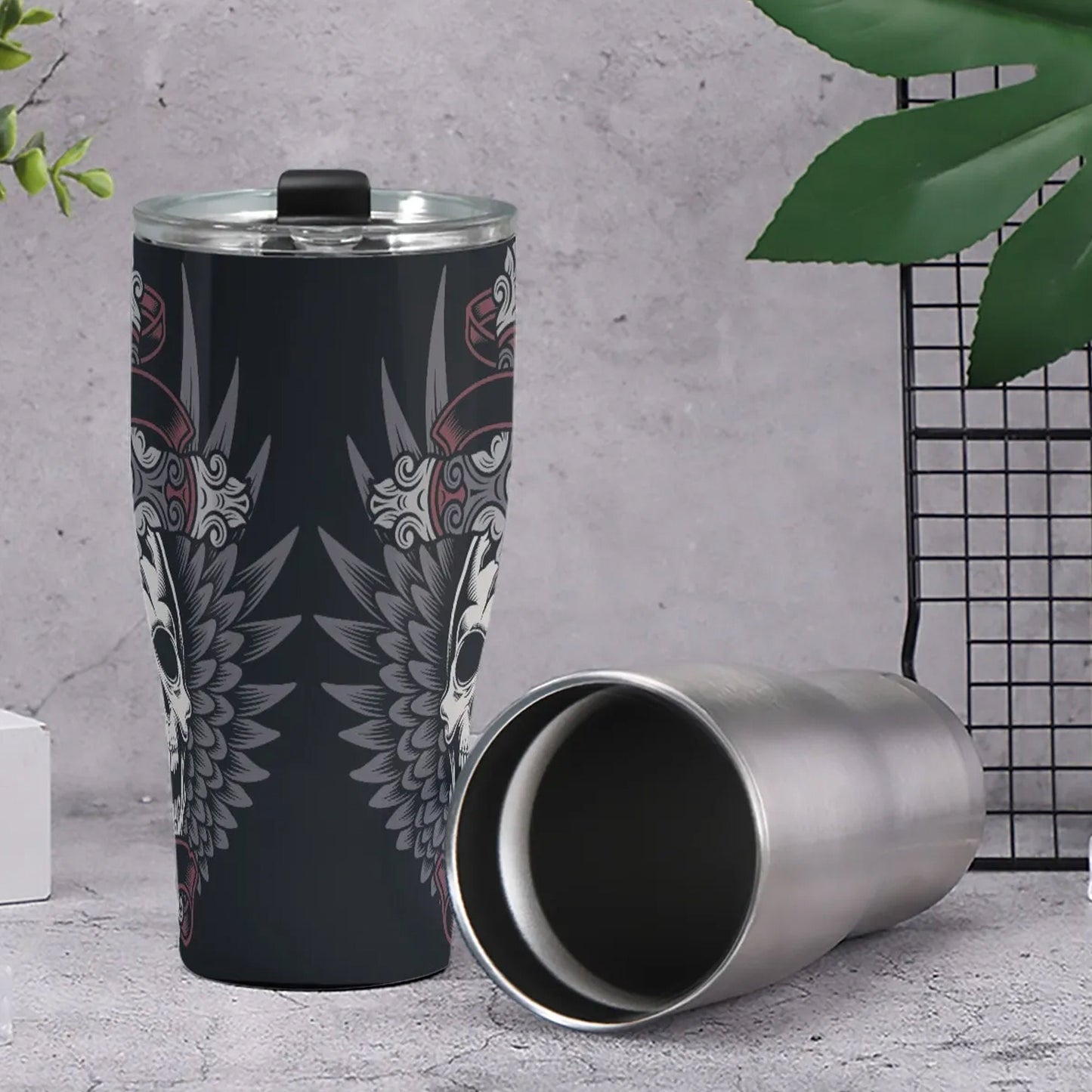 Wings skull travel mug, skull beer mug, motorcycle skull tumbler cup mug, goth jumbo Mug, skull reaper freezer Mug, skull in fire tumblr mug