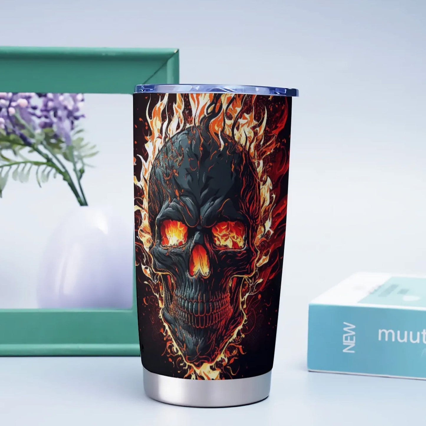Flaming skull tumblr, halloween jumbo Mug, motorcycle skull cup, halloween travel mug, evil jumbo Mug, skeleton beer mug, skull tumblr cup