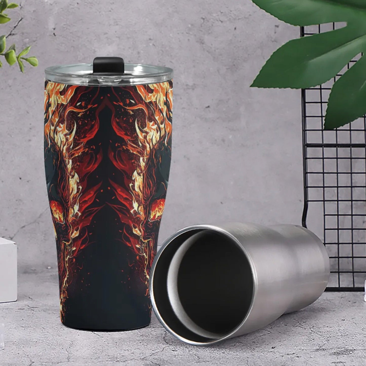 Flaming skull tumblr, halloween jumbo Mug, motorcycle skull cup, halloween travel mug, evil jumbo Mug, skeleton beer mug, skull tumblr cup