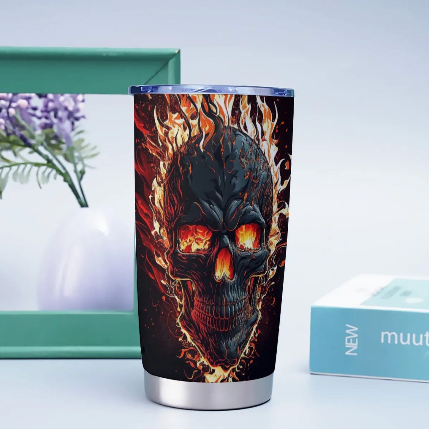 Flaming skull tumblr, halloween jumbo Mug, motorcycle skull cup, halloween travel mug, evil jumbo Mug, skeleton beer mug, skull tumblr cup