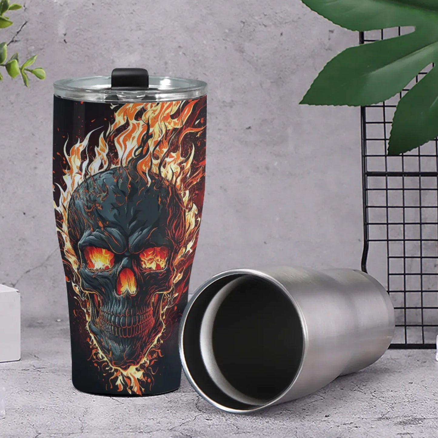 Flaming skull tumblr, halloween jumbo Mug, motorcycle skull cup, halloween travel mug, evil jumbo Mug, skeleton beer mug, skull tumblr cup