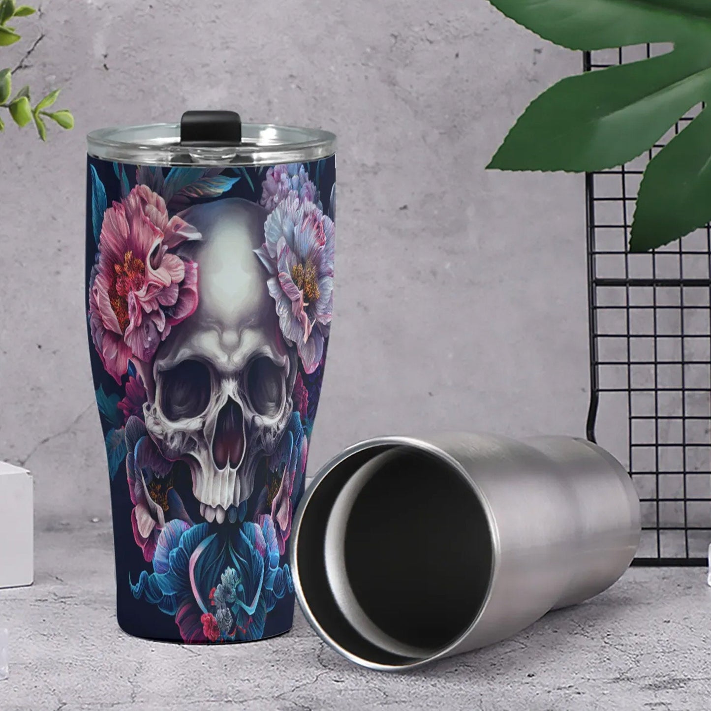 Flower skull travel mug, flower skull coffee mug, goth travel mug, skull beer mug, biker skull freezer Mug, halloween freezer Mug, christmas