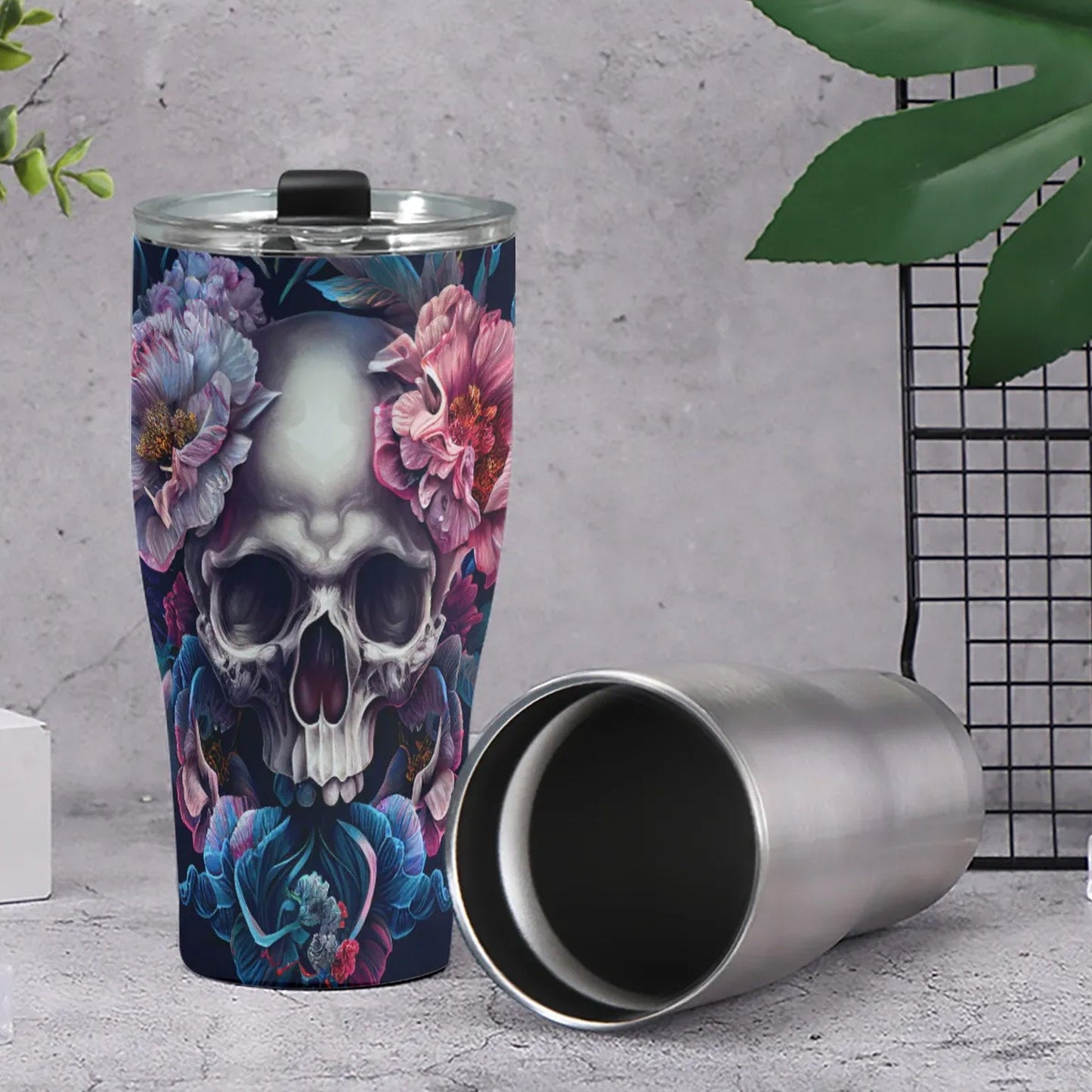 Flower skull travel mug, flower skull coffee mug, goth travel mug, skull beer mug, biker skull freezer Mug, halloween freezer Mug, christmas