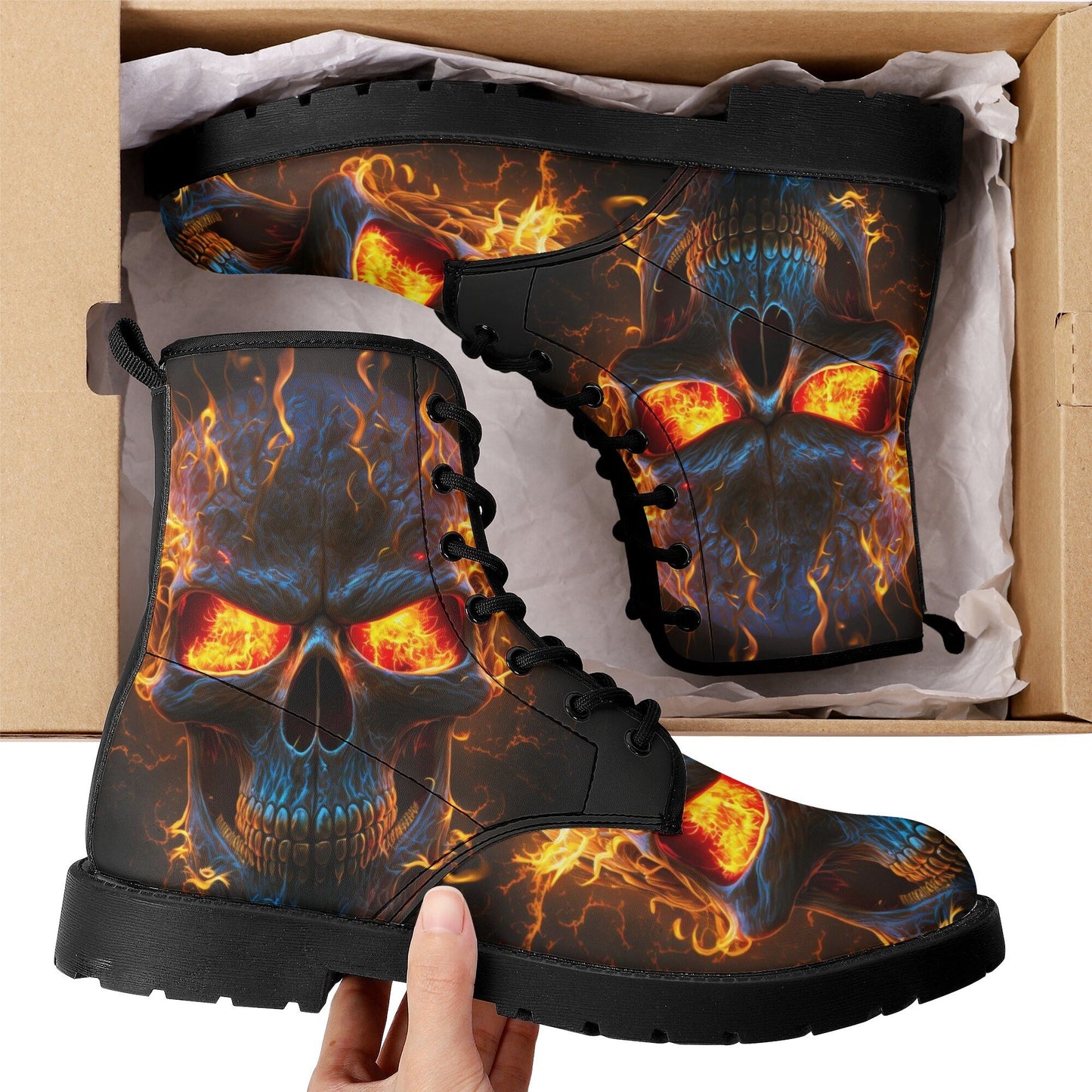 Flaming skull waterproof Lace Up Anti-Slip platform nooties, floral skull combat boots, christmas skull winter boots halloween fashion shoes