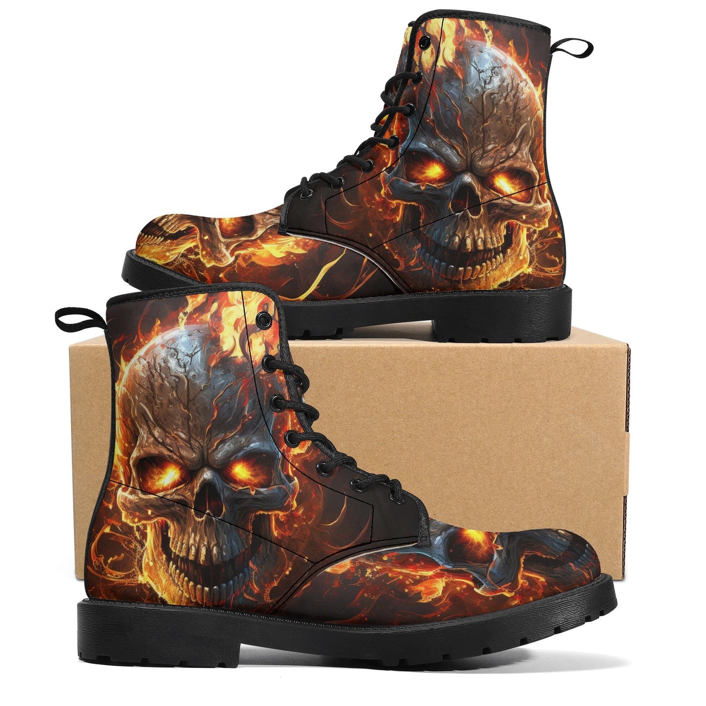 Flame skull unisex boots, gothic skull waterproof Lace Up Anti-Slip platform nooties, skull in fire waterproof shoes rose skull combat boots
