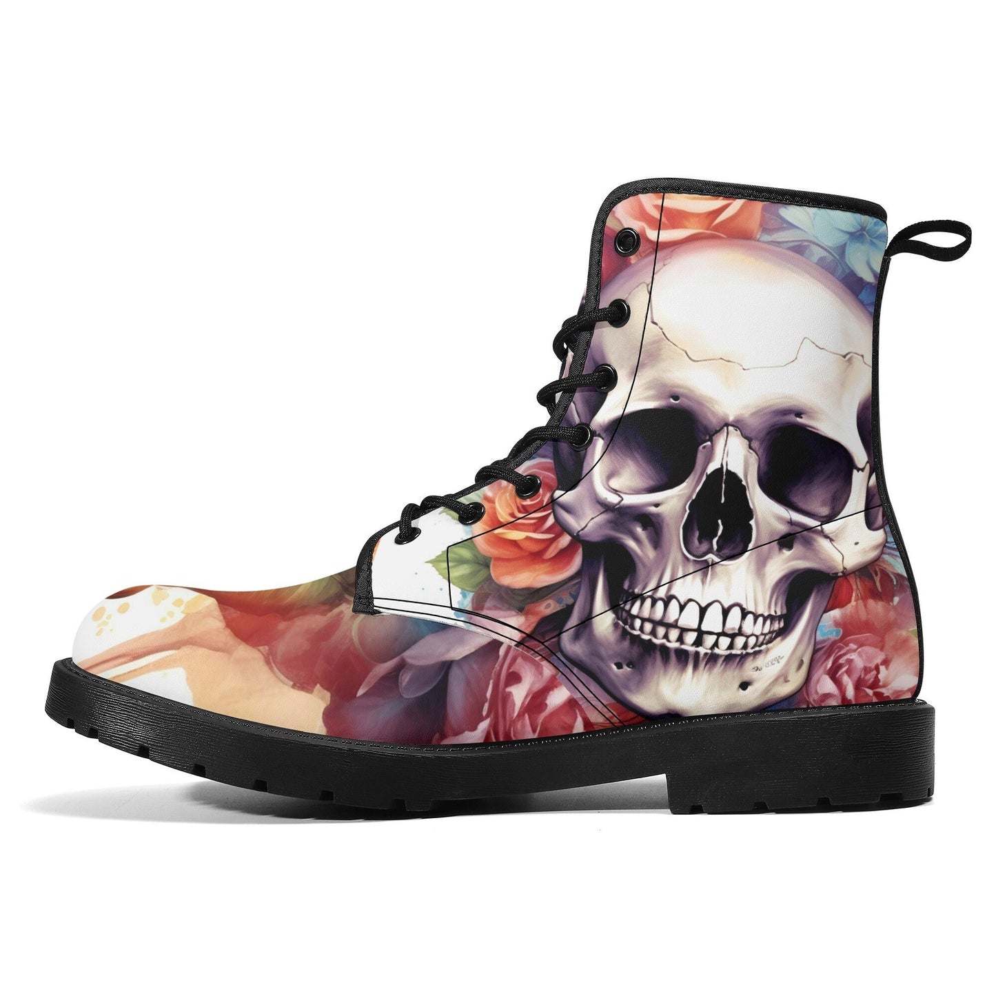 Rose skull boots, motorcycle skull boots for men women, skeleton fashion leather boots, horror men women boots, floral skull ankle booties
