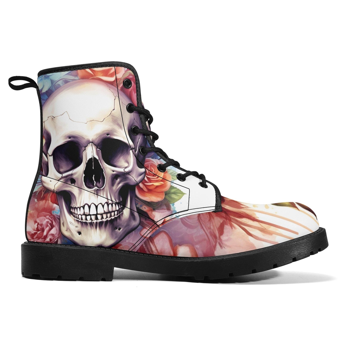 Rose skull boots, motorcycle skull boots for men women, skeleton fashion leather boots, horror men women boots, floral skull ankle booties