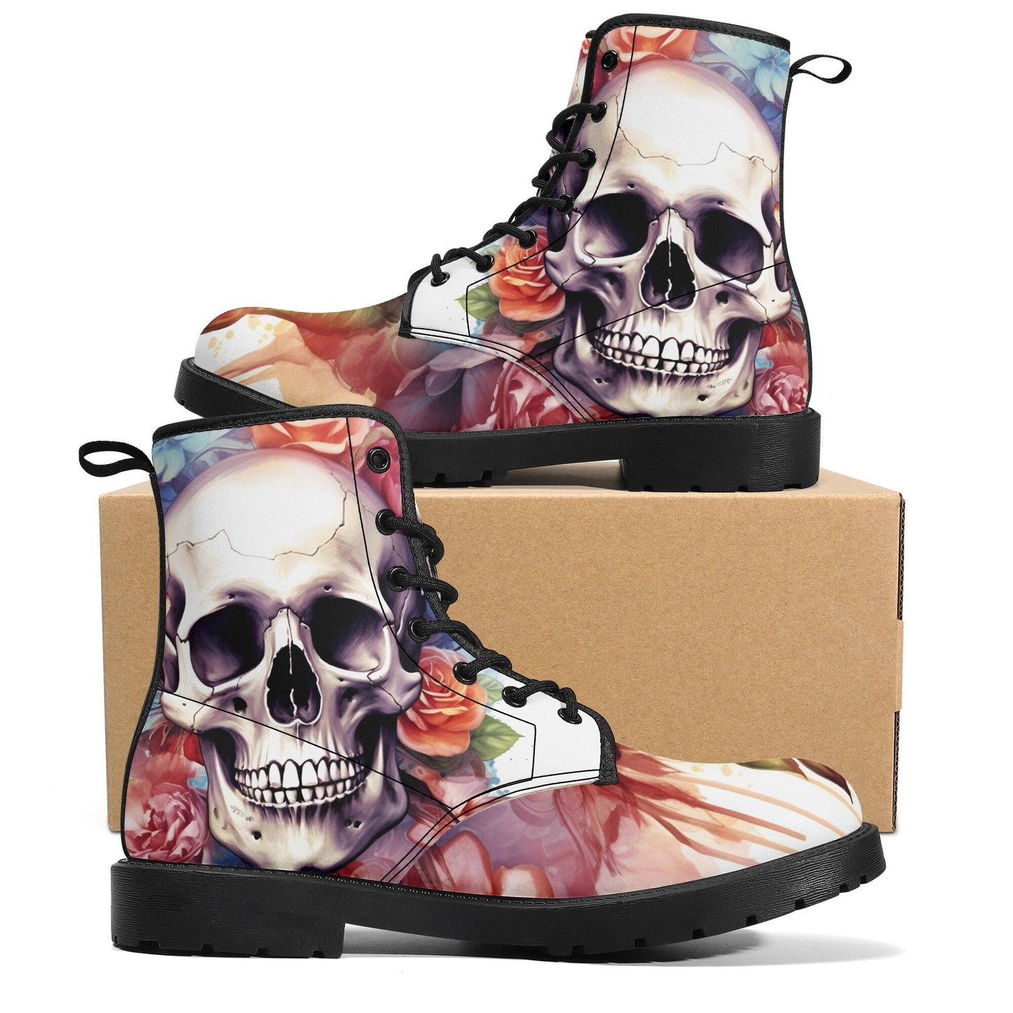 Rose skull boots, motorcycle skull boots for men women, skeleton fashion leather boots, horror men women boots, floral skull ankle booties