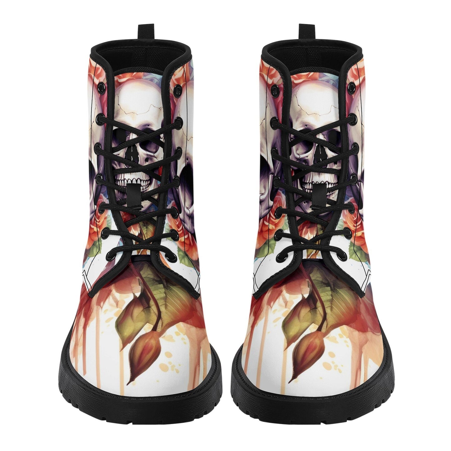 Rose skull boots, motorcycle skull boots for men women, skeleton fashion leather boots, horror men women boots, floral skull ankle booties
