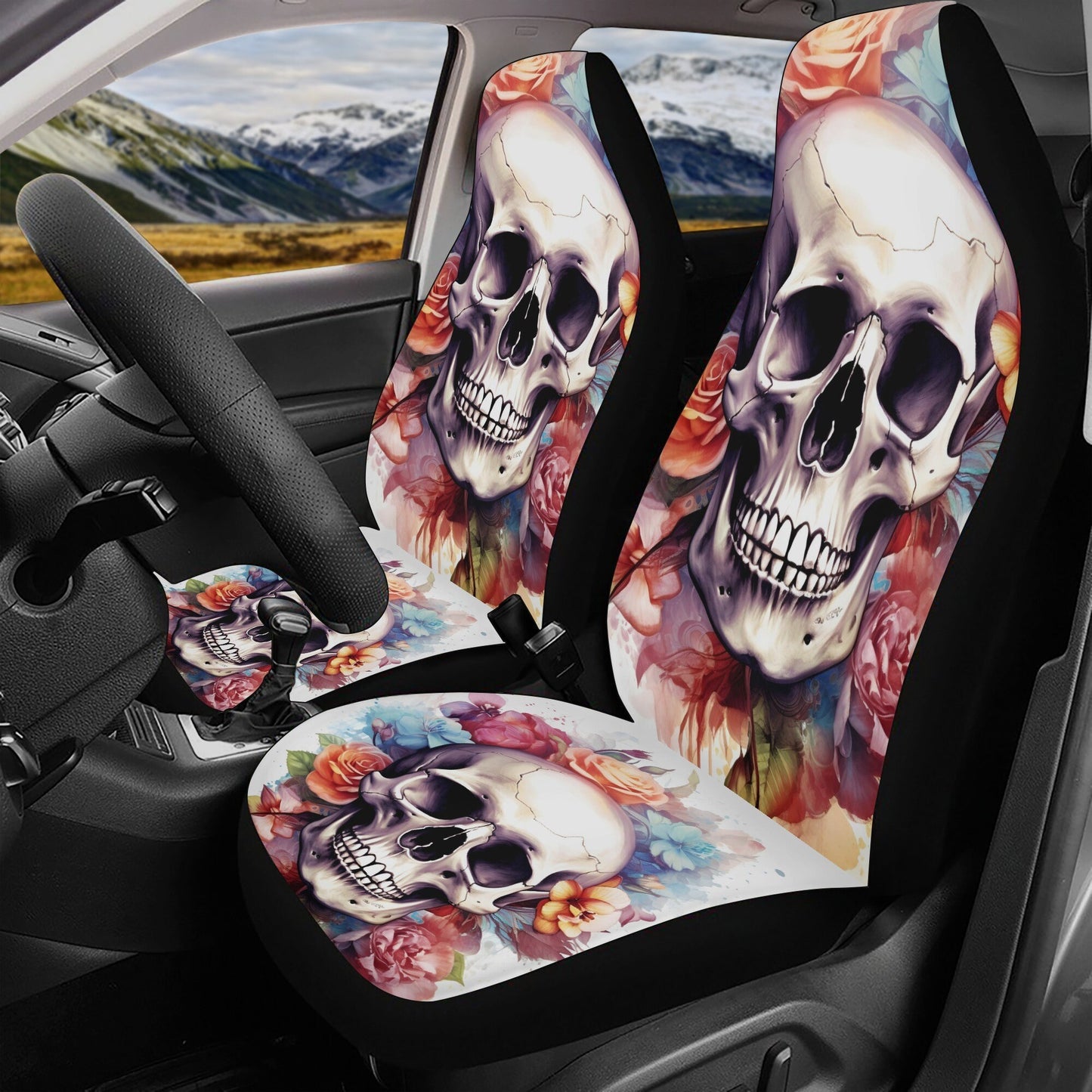 Skull in fire car protector, christmas skull cover cushion accessories for Cars, rose skull slip-on seat covers, horror car tool, horror was