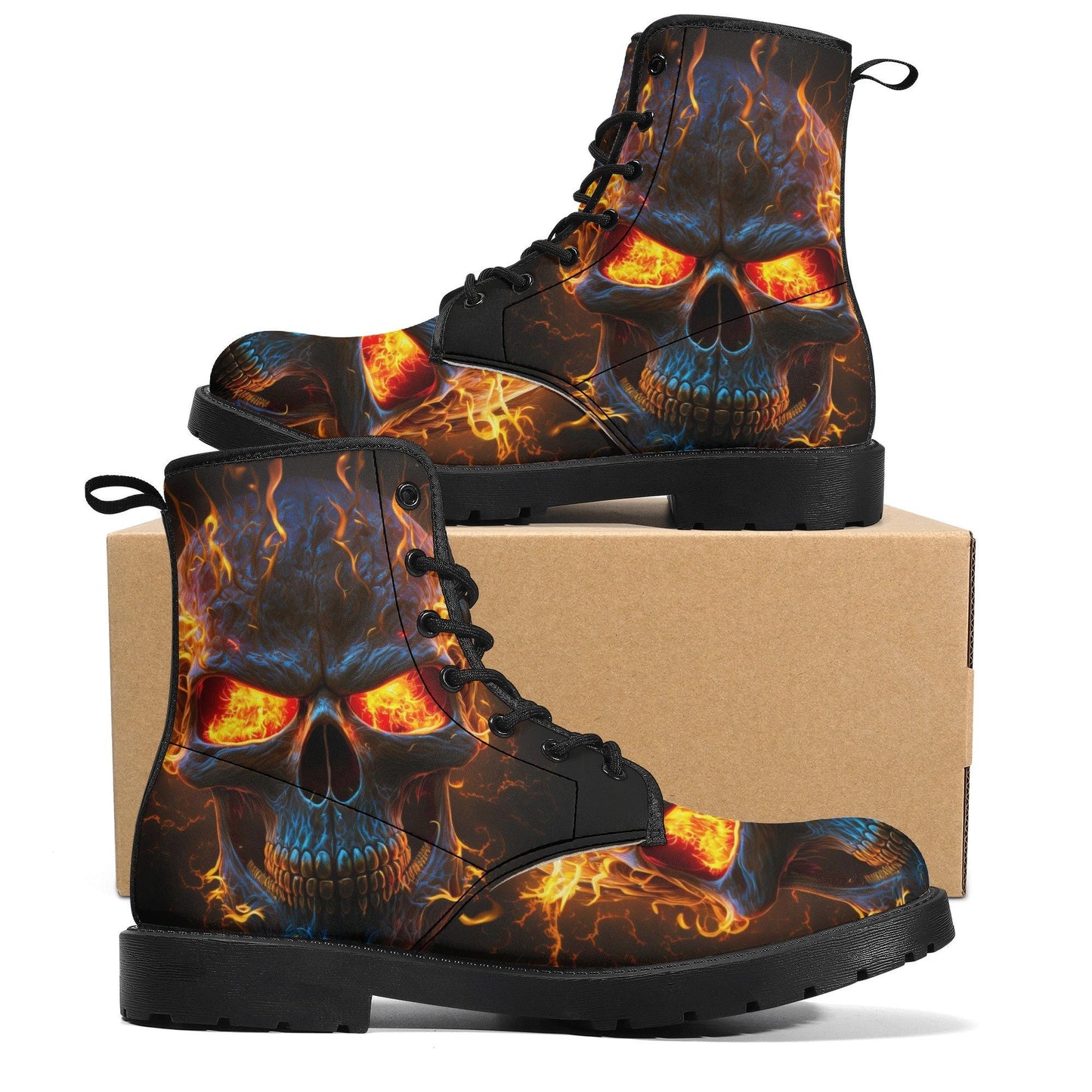 Flaming skull waterproof Lace Up Anti-Slip platform nooties, floral skull combat boots, christmas skull winter boots halloween fashion shoes