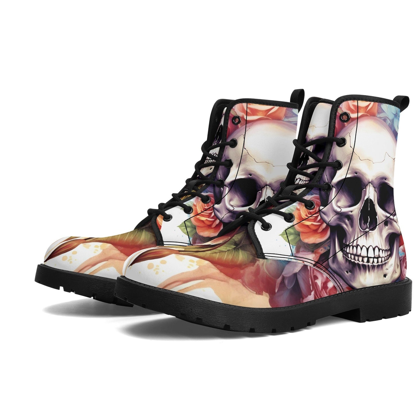 Rose skull boots, motorcycle skull boots for men women, skeleton fashion leather boots, horror men women boots, floral skull ankle booties