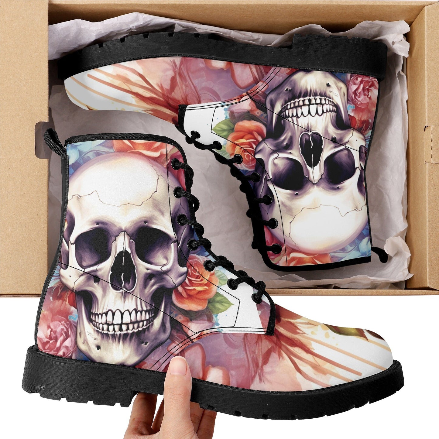 Rose skull boots, motorcycle skull boots for men women, skeleton fashion leather boots, horror men women boots, floral skull ankle booties