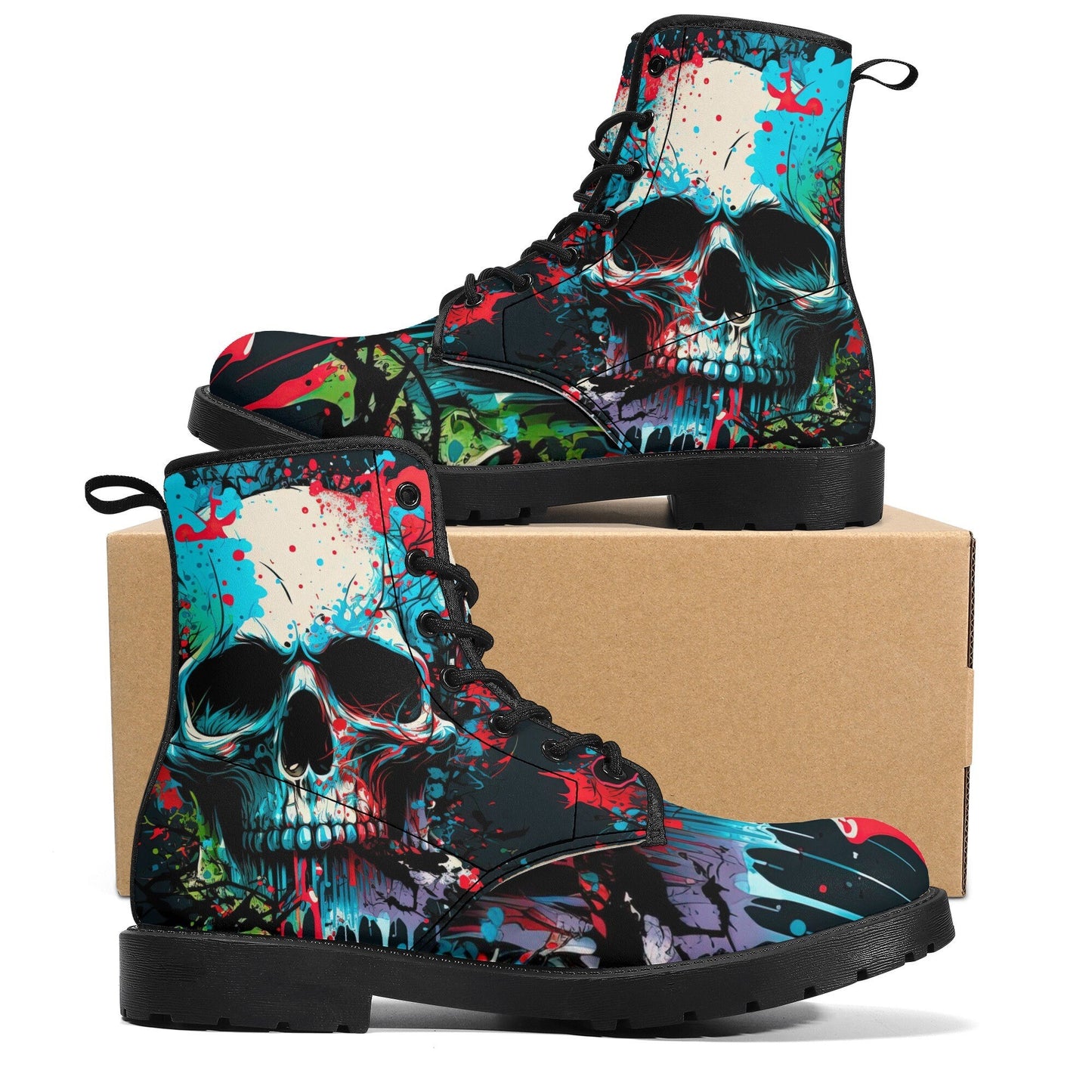 Horror winter boots, evil waterproof boot, flower skull ankle Boots, flower skull waterproof Lace Up Anti-Slip platform nooties, motorcycle