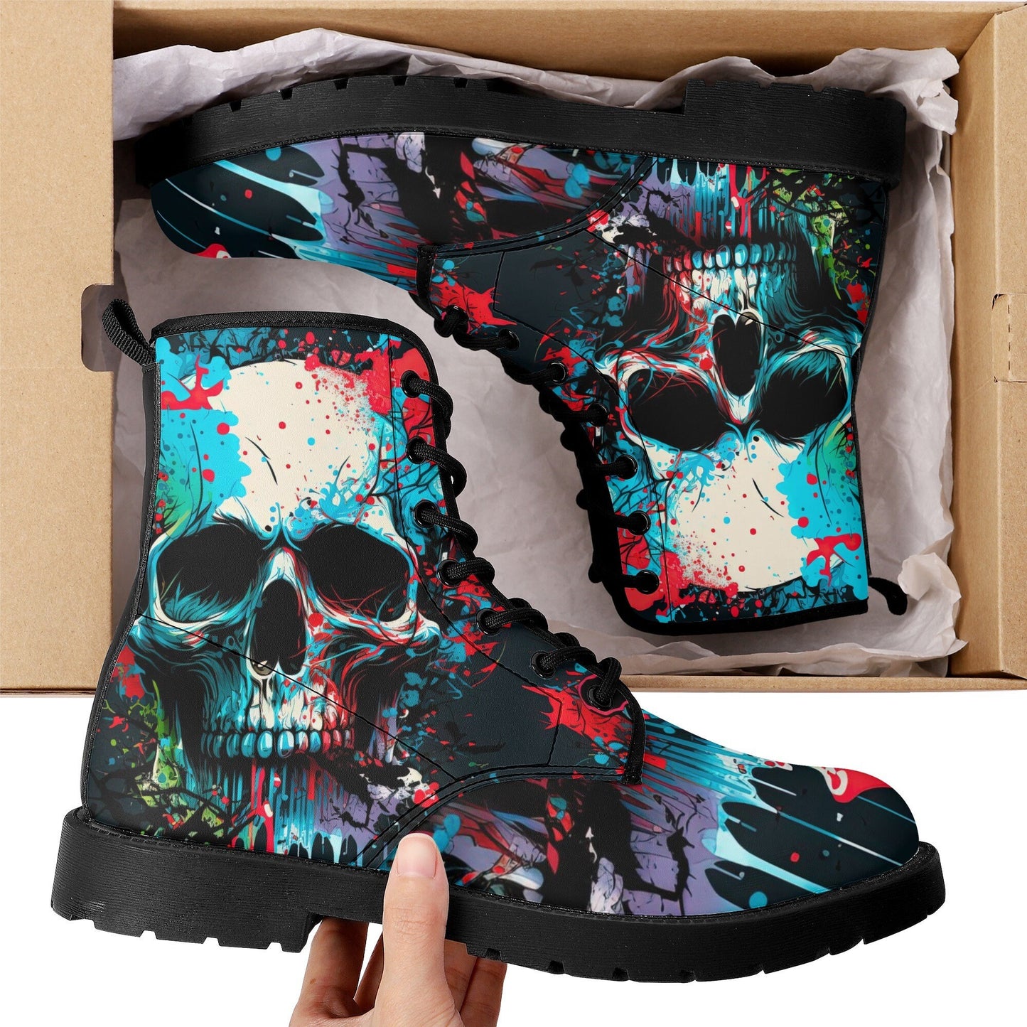 Horror winter boots, evil waterproof boot, flower skull ankle Boots, flower skull waterproof Lace Up Anti-Slip platform nooties, motorcycle