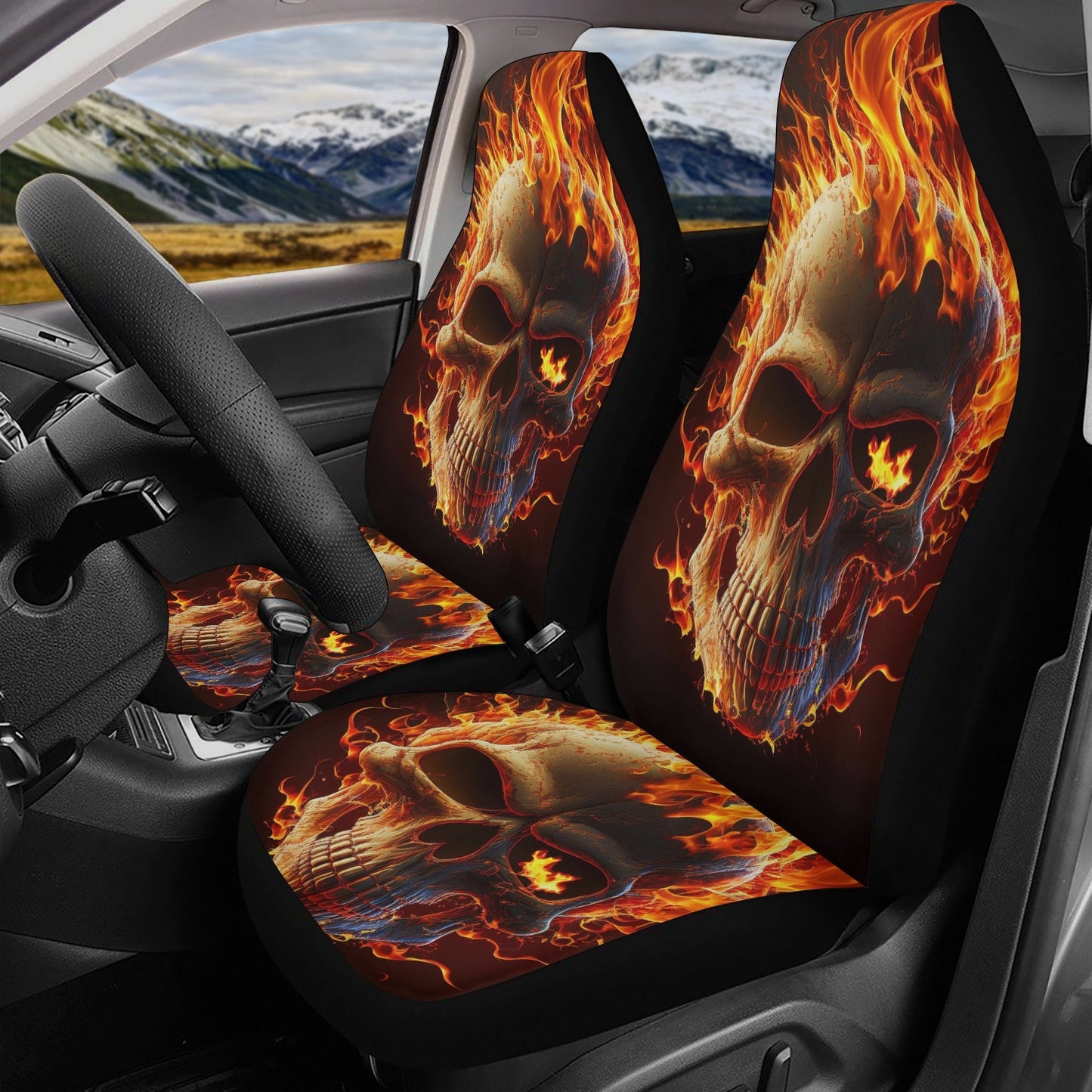 Skull in fire car protector, christmas skull cover cushion accessories for Cars, rose skull slip-on seat covers, horror car tool, horror was