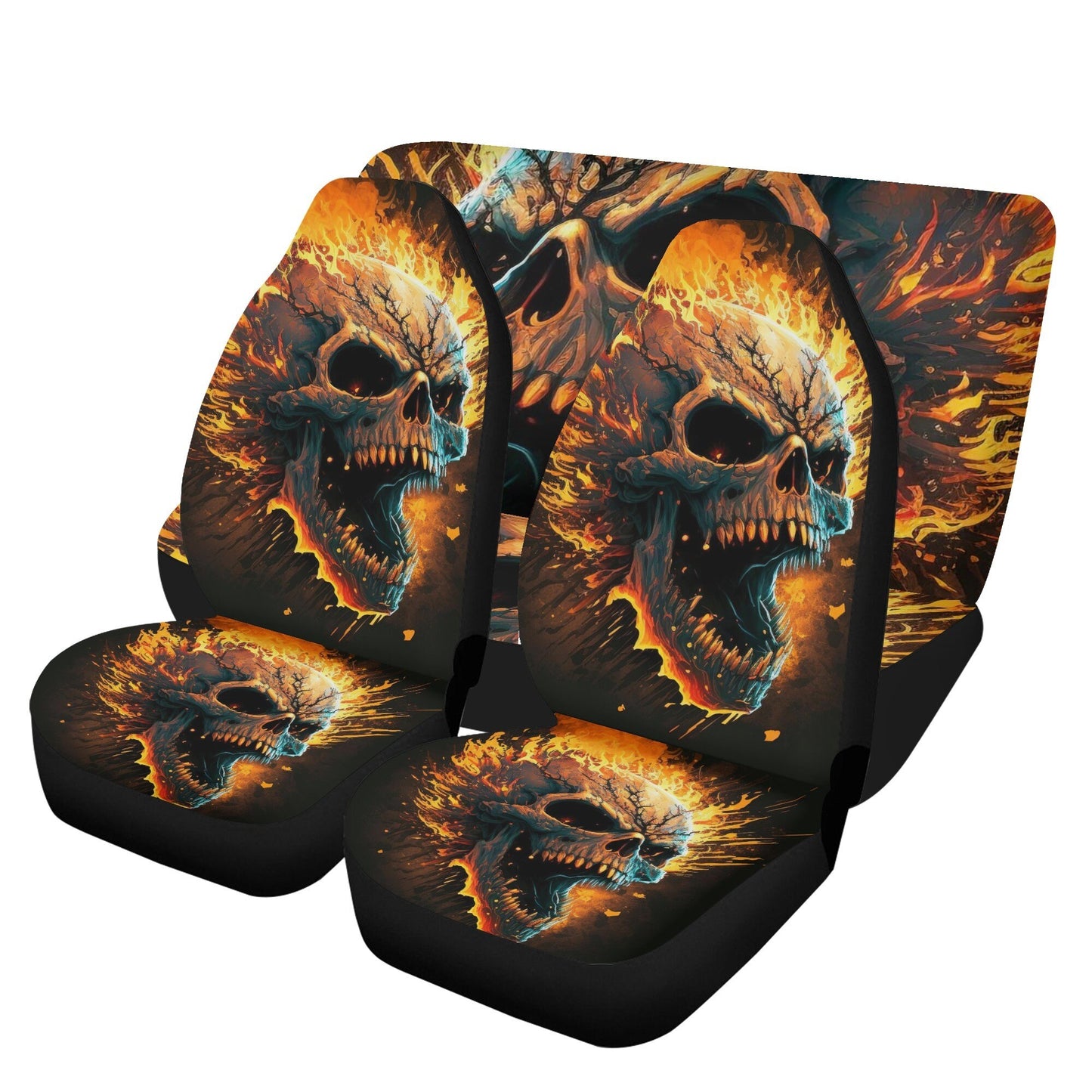 Skull slip-on seat covers, hooded skull car protector, grim reaper car protector, grim reaper seat cover protector, flaming skull car mats
