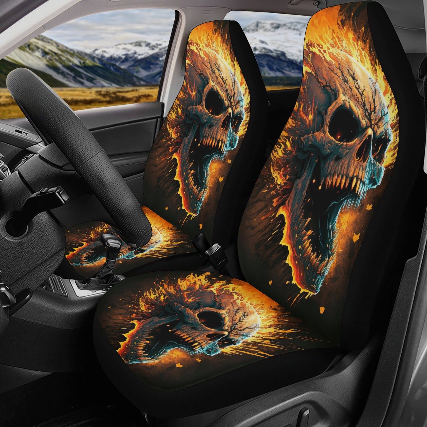 Skull slip-on seat covers, hooded skull car protector, grim reaper car protector, grim reaper seat cover protector, flaming skull car mats