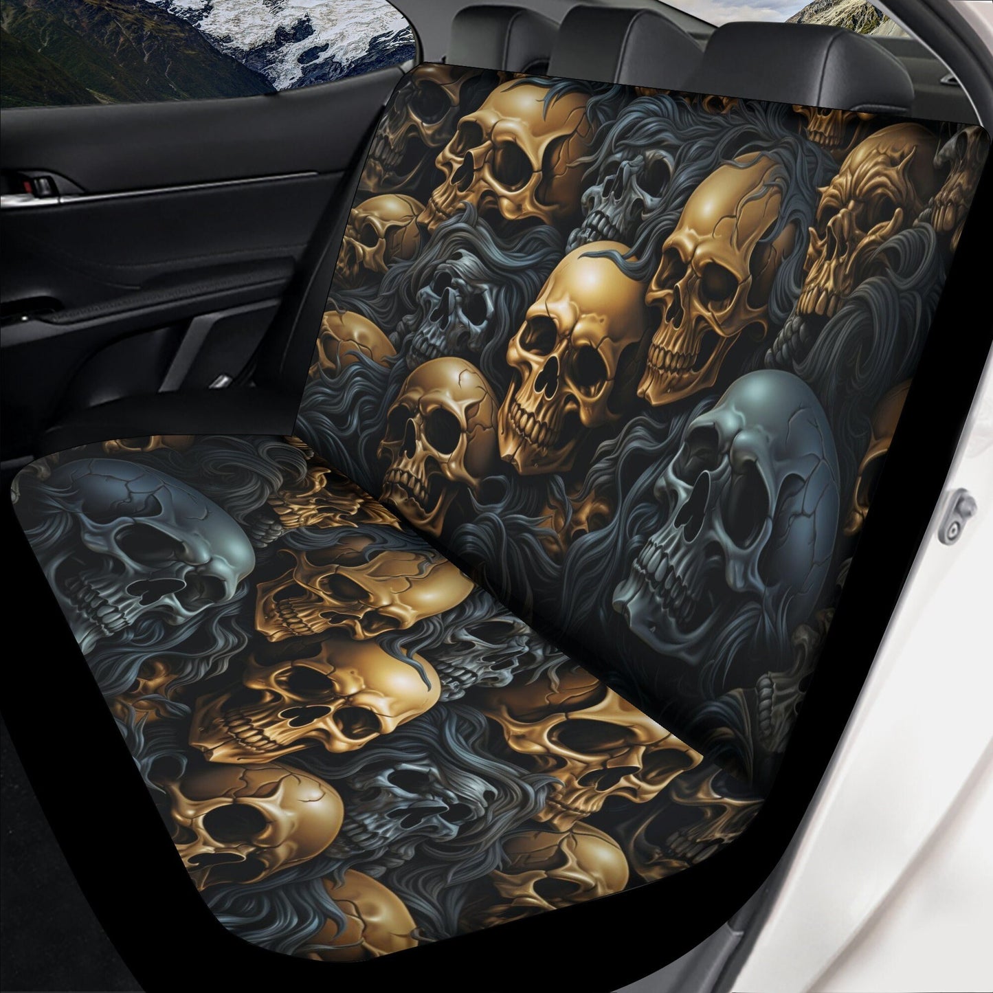 Skull with scythes car seat tool, rose skull slip-on seat covers, reaper skull car floor mat, death skull rug for car, skeleton car mat sets