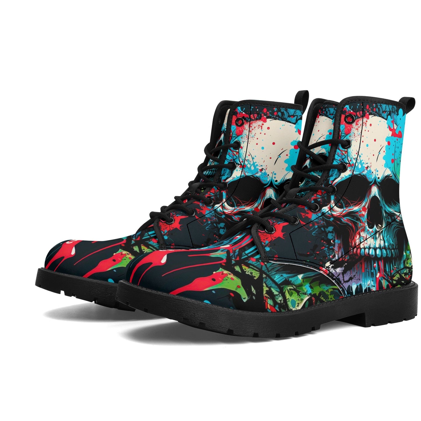Horror winter boots, evil waterproof boot, flower skull ankle Boots, flower skull waterproof Lace Up Anti-Slip platform nooties, motorcycle
