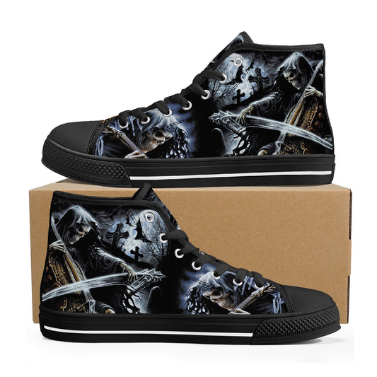 Punisher skull shoes for her, reaper skull shoes for her, rose skull men shoes, skull with scythes sneakers gift, evil face causual shoes, g