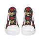 Floral skull causual shoes, flame skull high top shoes, motorcycle skull sneakers gift, skeleton men shoes, rose skull high top shoes, rose