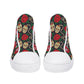 Floral skull causual shoes, flame skull high top shoes, motorcycle skull sneakers gift, skeleton men shoes, rose skull high top shoes, rose