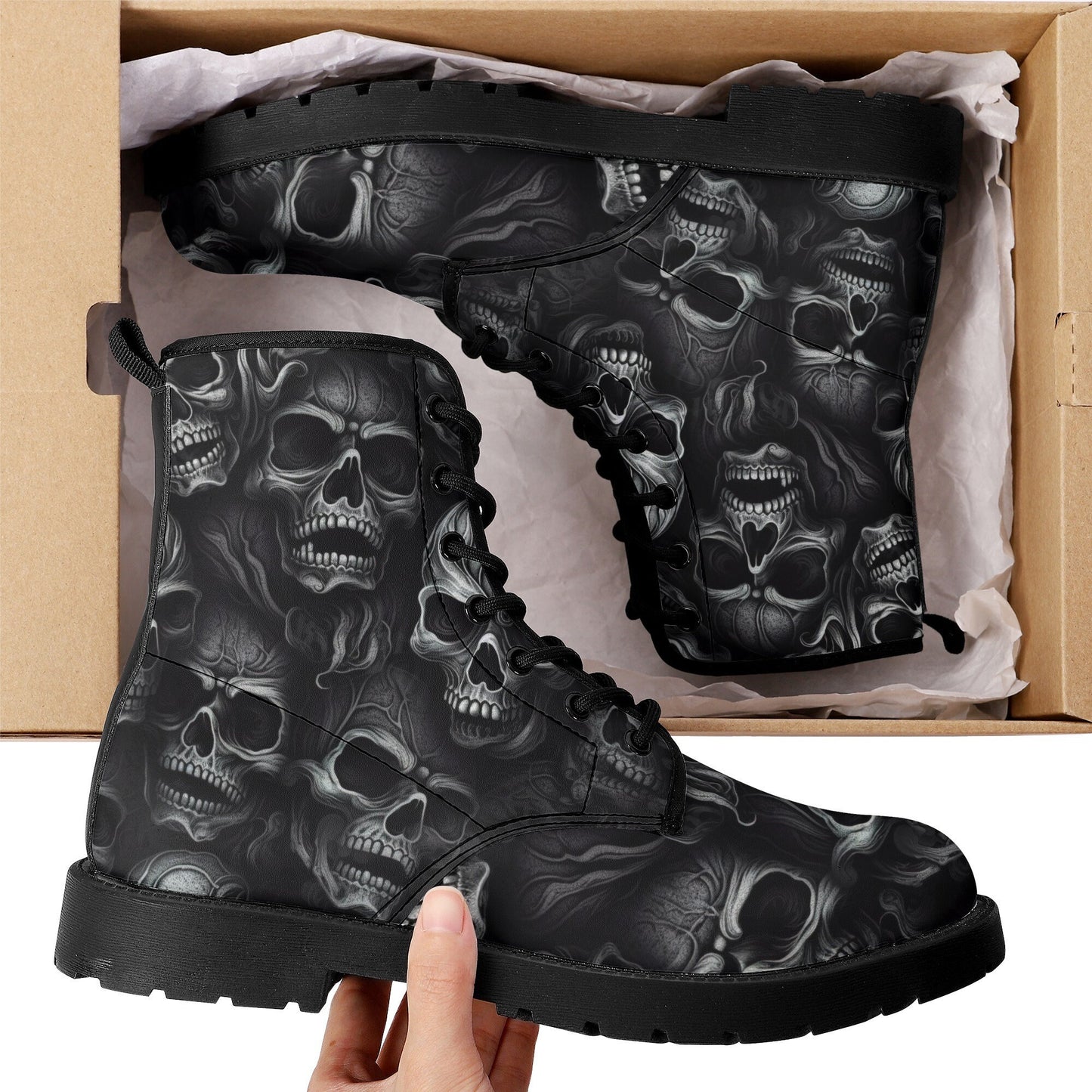 Goth shoes, skull with scythes waterproof Lace Up Anti-Slip platform nooties, hooded skull ankle Boots, evil face shoes, skull with scythes