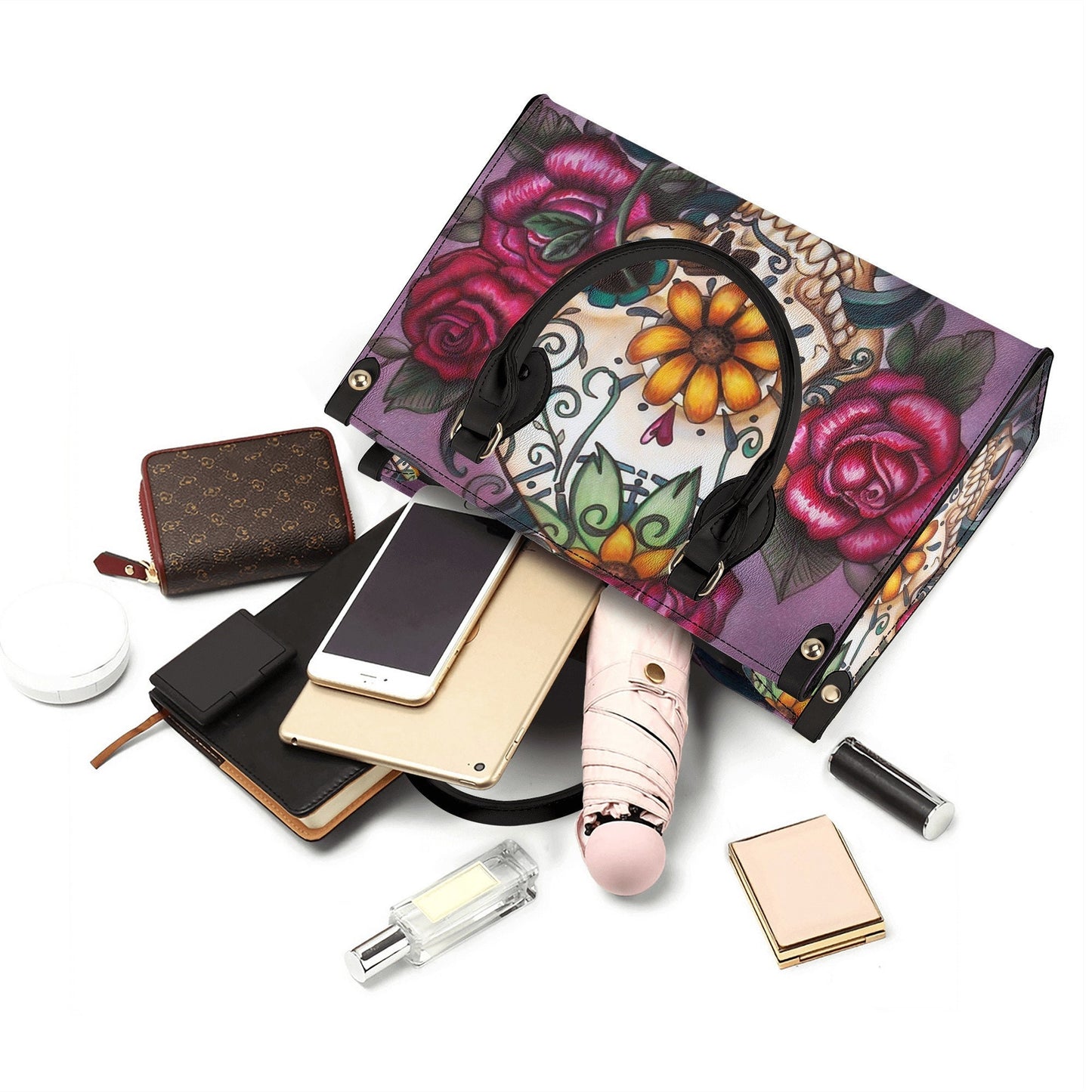 Candy skull long wallet, sugar skull girl travel bag, day of the dead shoulder bag, floral sugar skull bag with shoulder strap, floral sugar