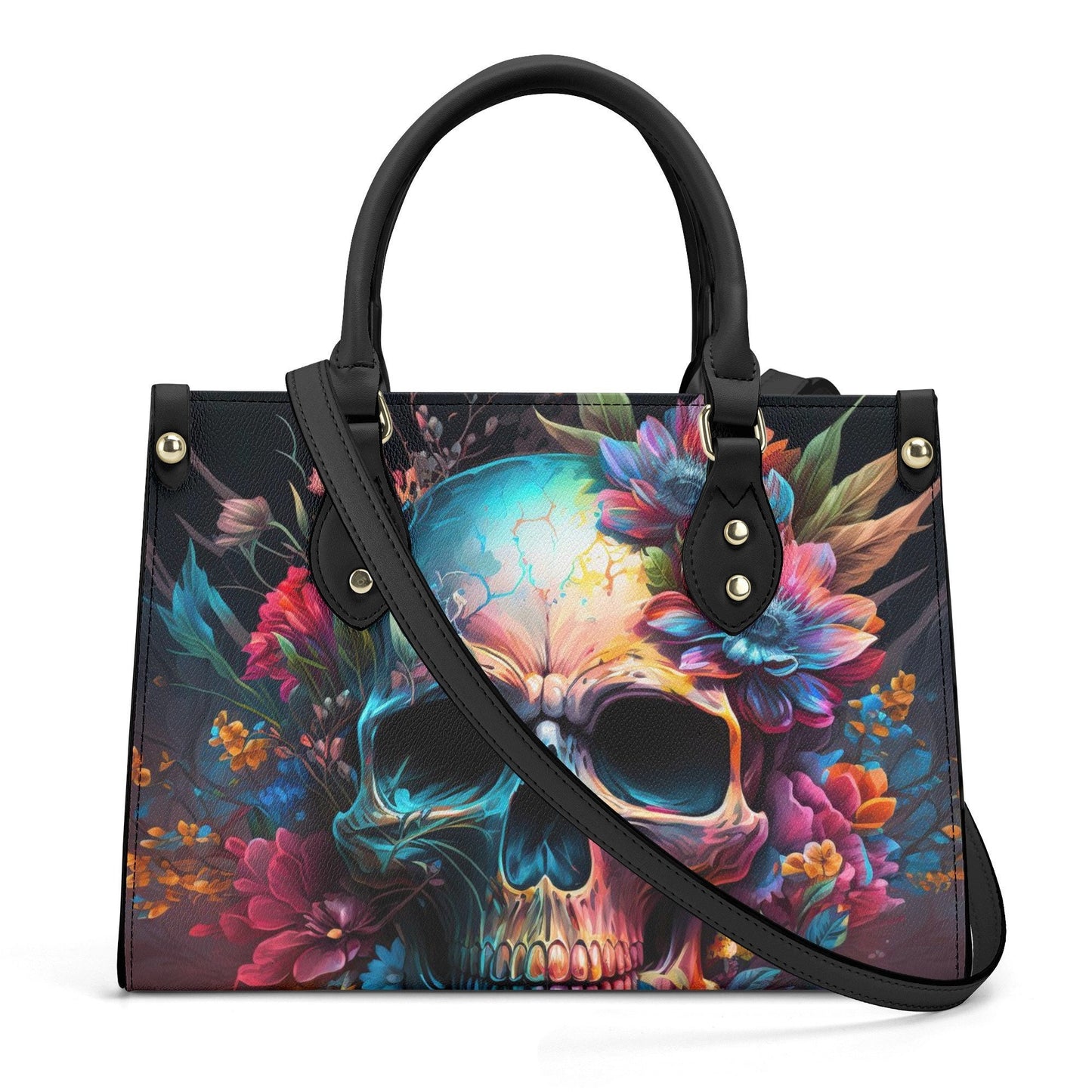 Rose skull cosmetic bag, devil ghost purse, rose skull travel bag, goth bag with shoulder strap, evil face travel bag, flaming skull tote ba