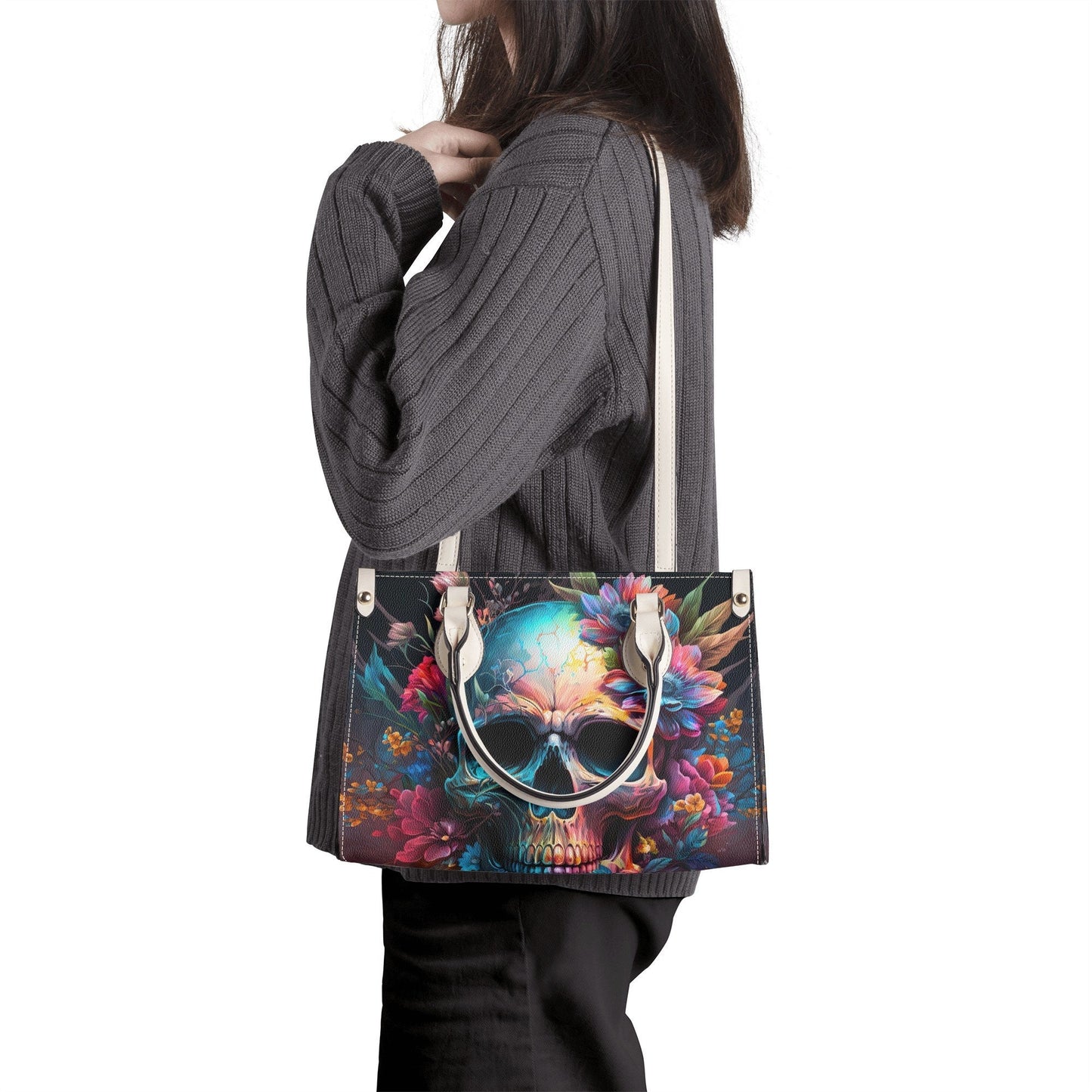 Rose skull cosmetic bag, devil ghost purse, rose skull travel bag, goth bag with shoulder strap, evil face travel bag, flaming skull tote ba
