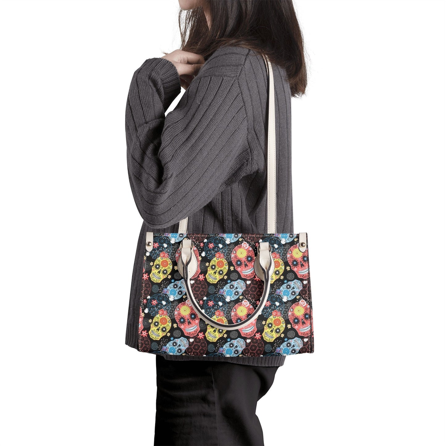 Sugar skull tote bag, mexican skull bag with shoulder strap, mexican skull cosmetic bag, candy skull shoulder bag, calaveras skull crossbody