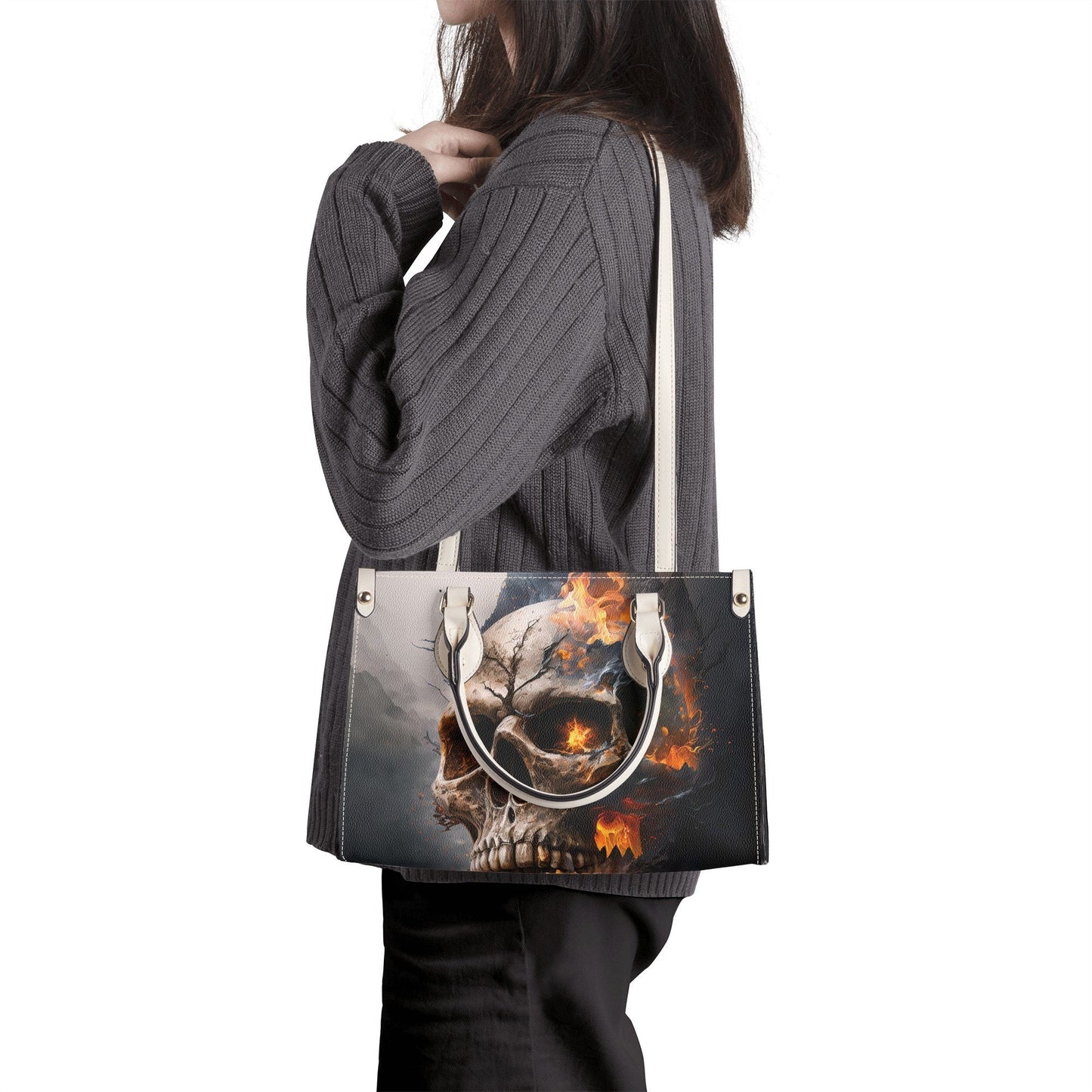 Evil face women's handbag, grim reaper messenger bag, spooky death cosmetic bag, skeleton purse, halloween travel bag, flaming skull women's