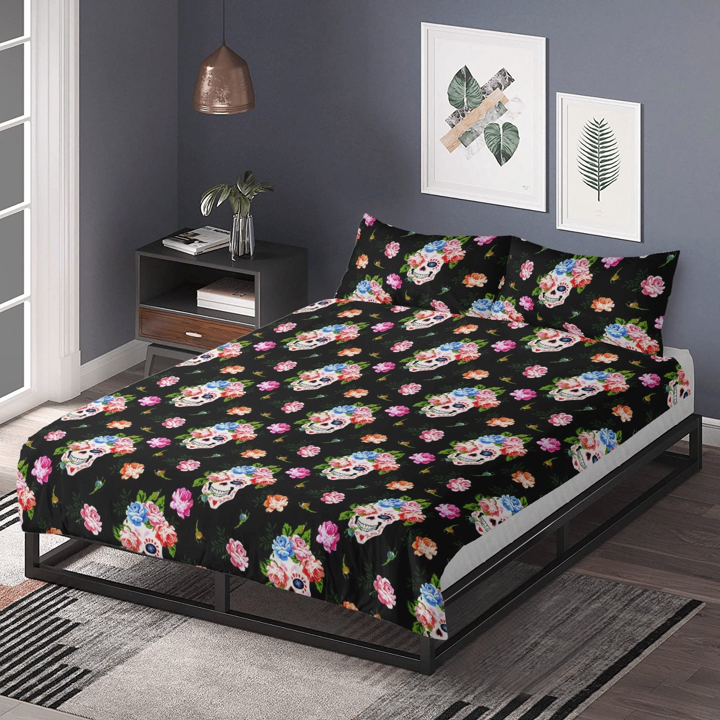 Flower skull duvet cover queen king, horror duvet cover, death with scythes bed cover, flower skull comforter set, gothic skull duvet cover