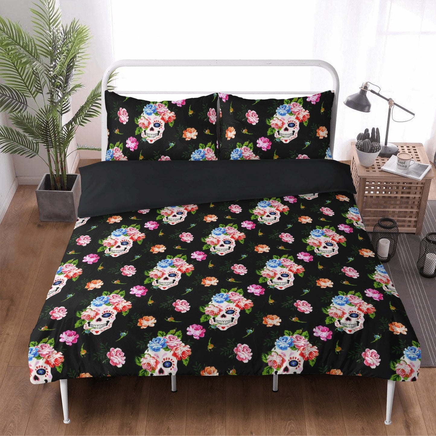 Flower skull duvet cover queen king, horror duvet cover, death with scythes bed cover, flower skull comforter set, gothic skull duvet cover