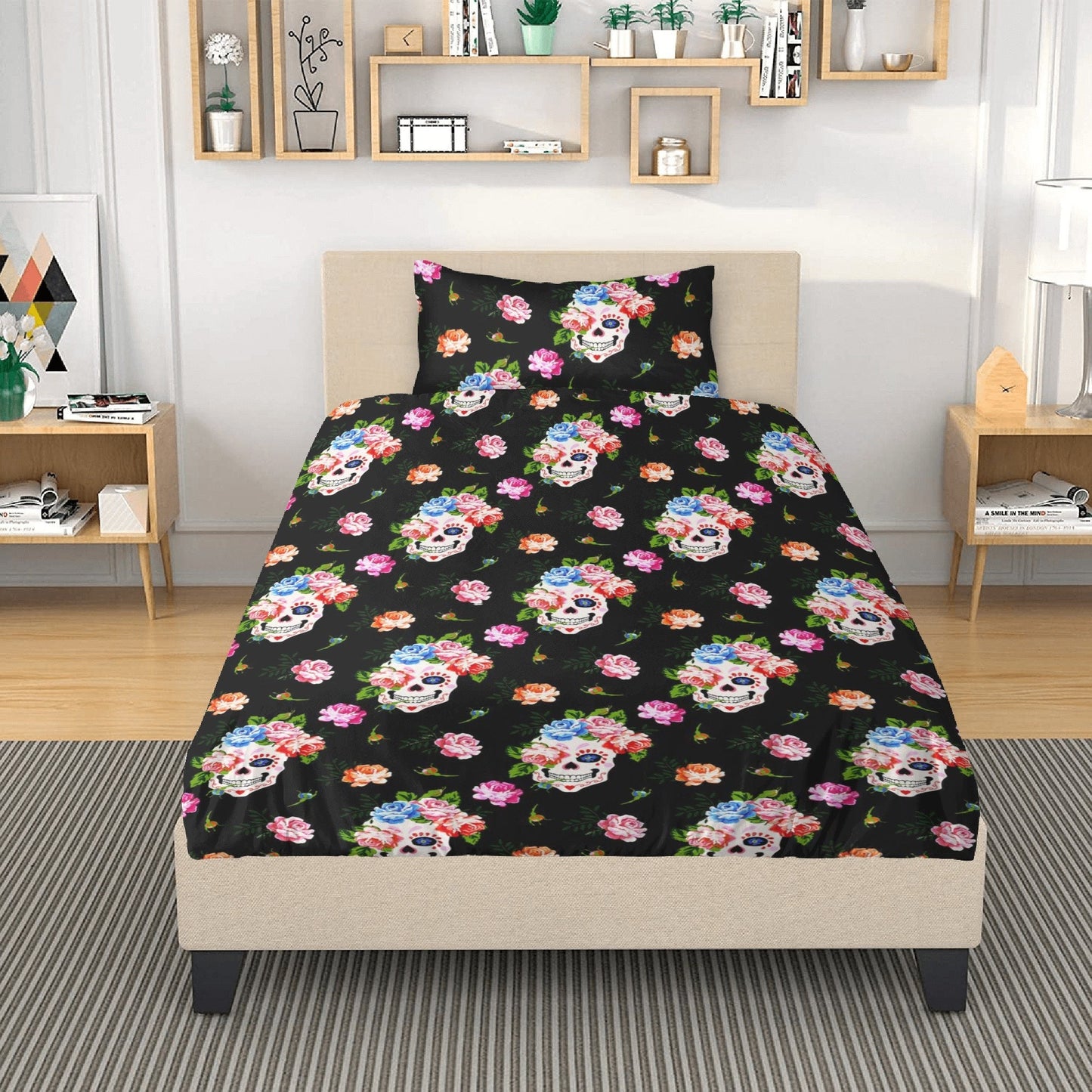 Flower skull duvet cover queen king, horror duvet cover, death with scythes bed cover, flower skull comforter set, gothic skull duvet cover