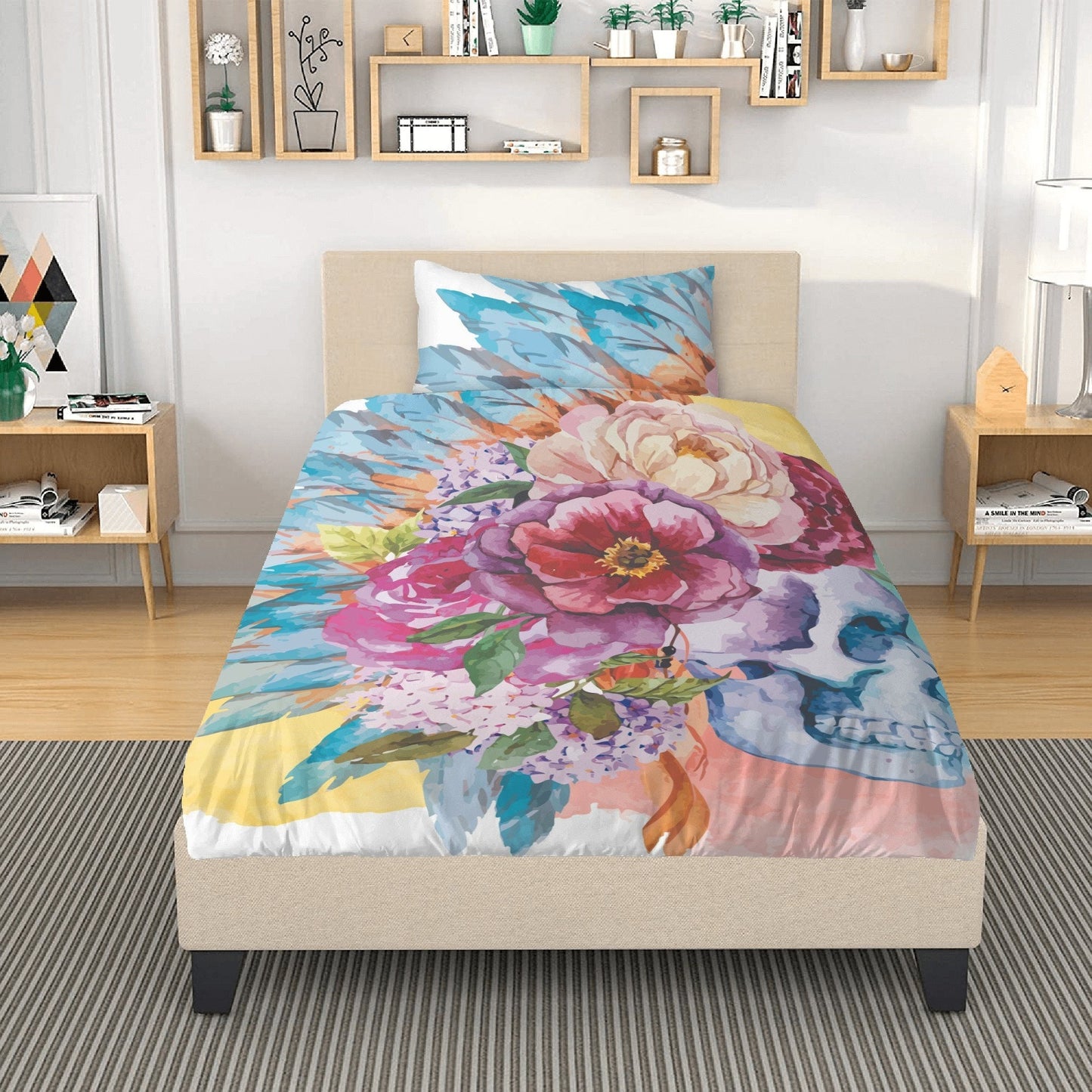 Flower skull comforter set, halloween pillow cover, skeleton pillow cover, death skull pillow cover, flame skull duvet cover, devil ghost pi