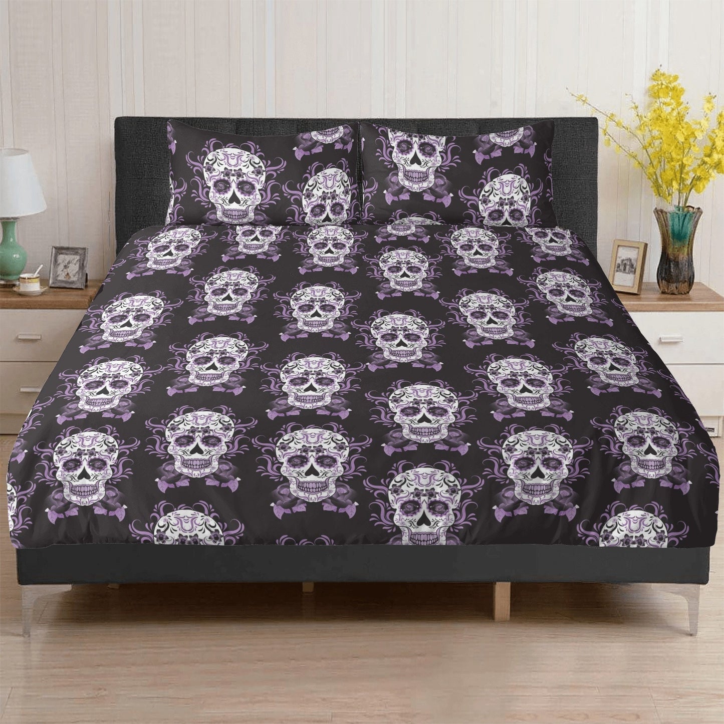 Sugar skull girl pillow cover, dia de los muertos skull bedding, cinco de mayo skull duvet cover set, calaveras skull comforter set, floral