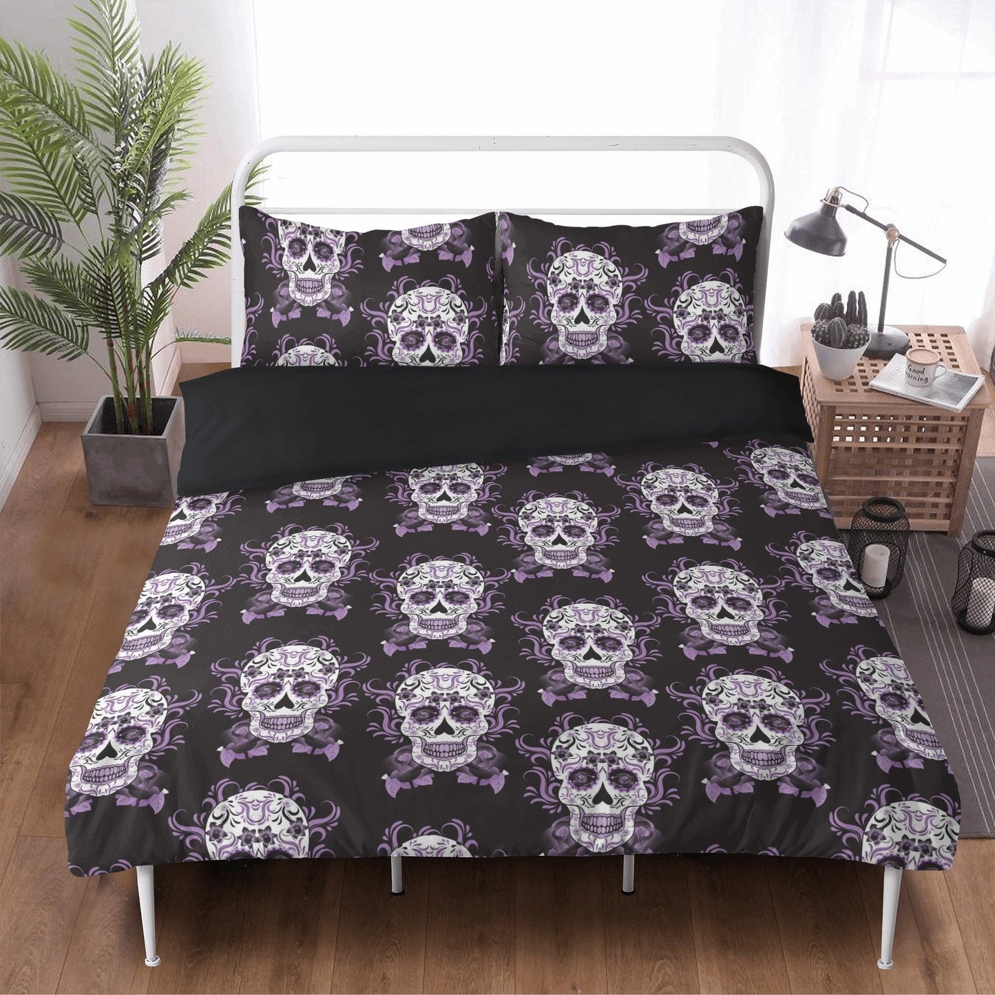 Sugar skull girl pillow cover, dia de los muertos skull bedding, cinco de mayo skull duvet cover set, calaveras skull comforter set, floral