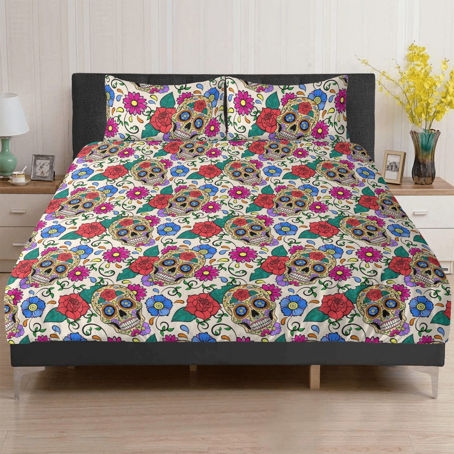 Floral skull comforter set, mexico duvet cover queen king, mexican skull duvet cover queen king, candy skull duvet cover set, cinco de mayo